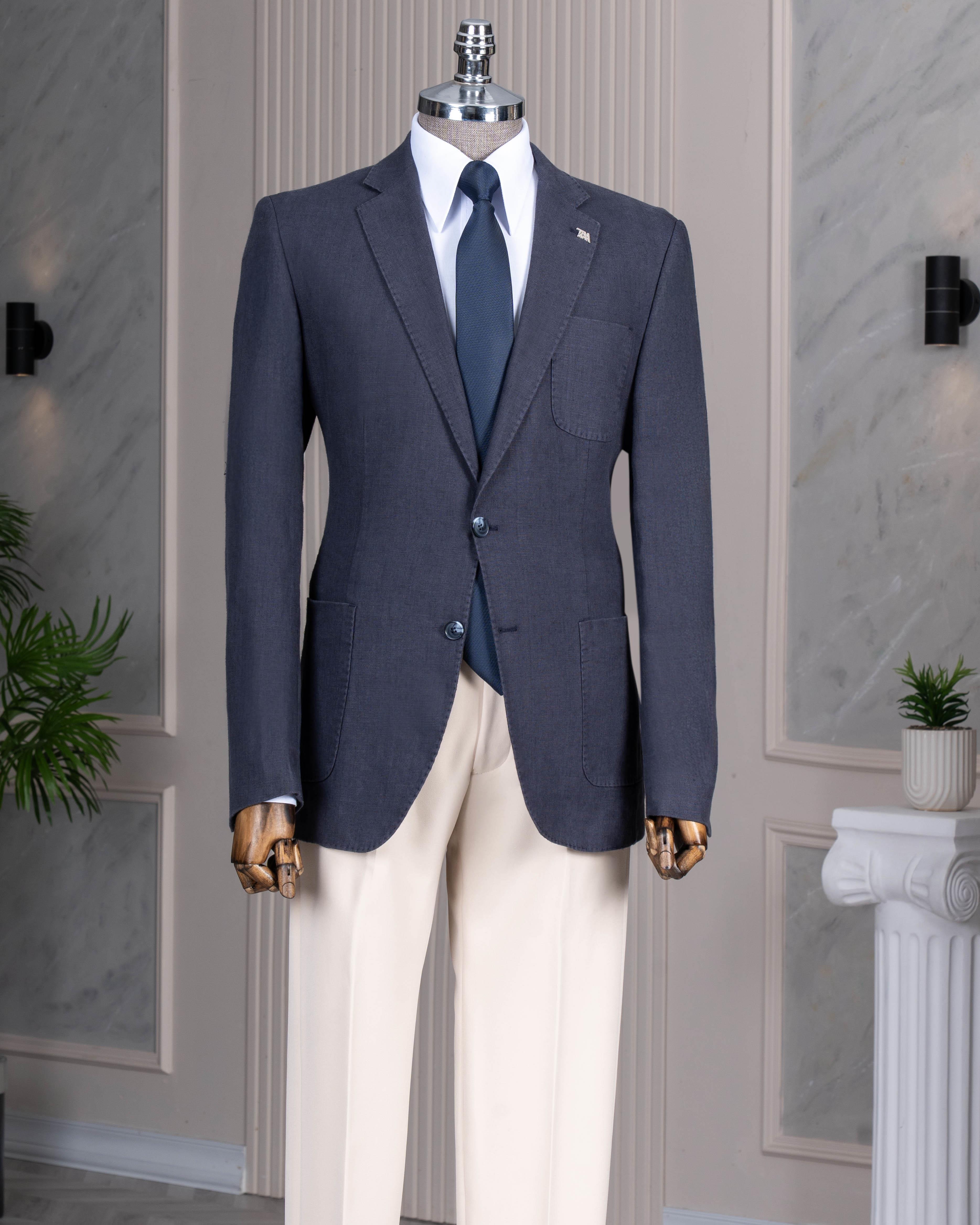 İtalyan stil slim fit mono yaka erkek ceket lacivert T13792
