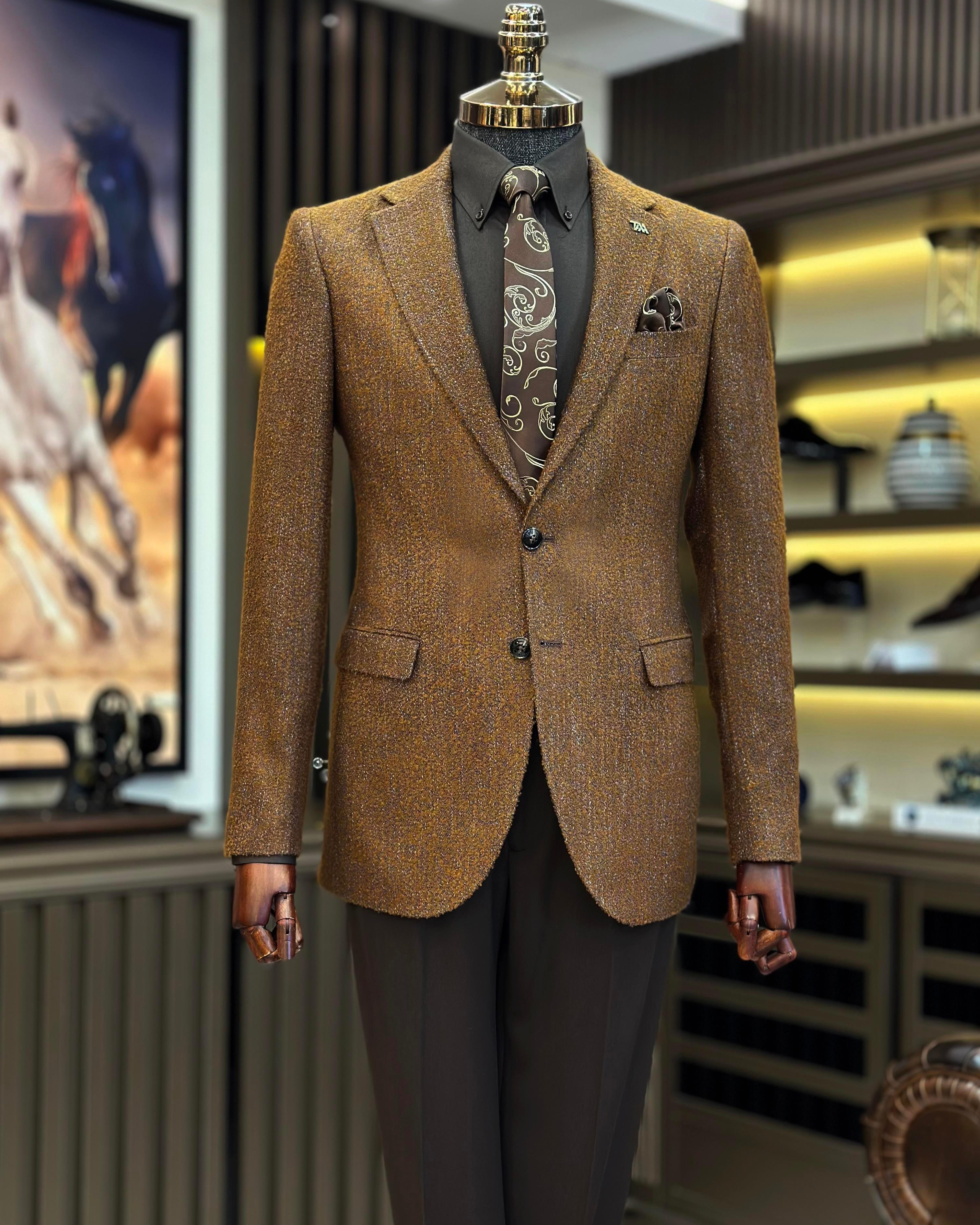 İtalyan stil slim fit mono yaka erkek ceket kiremit T10885