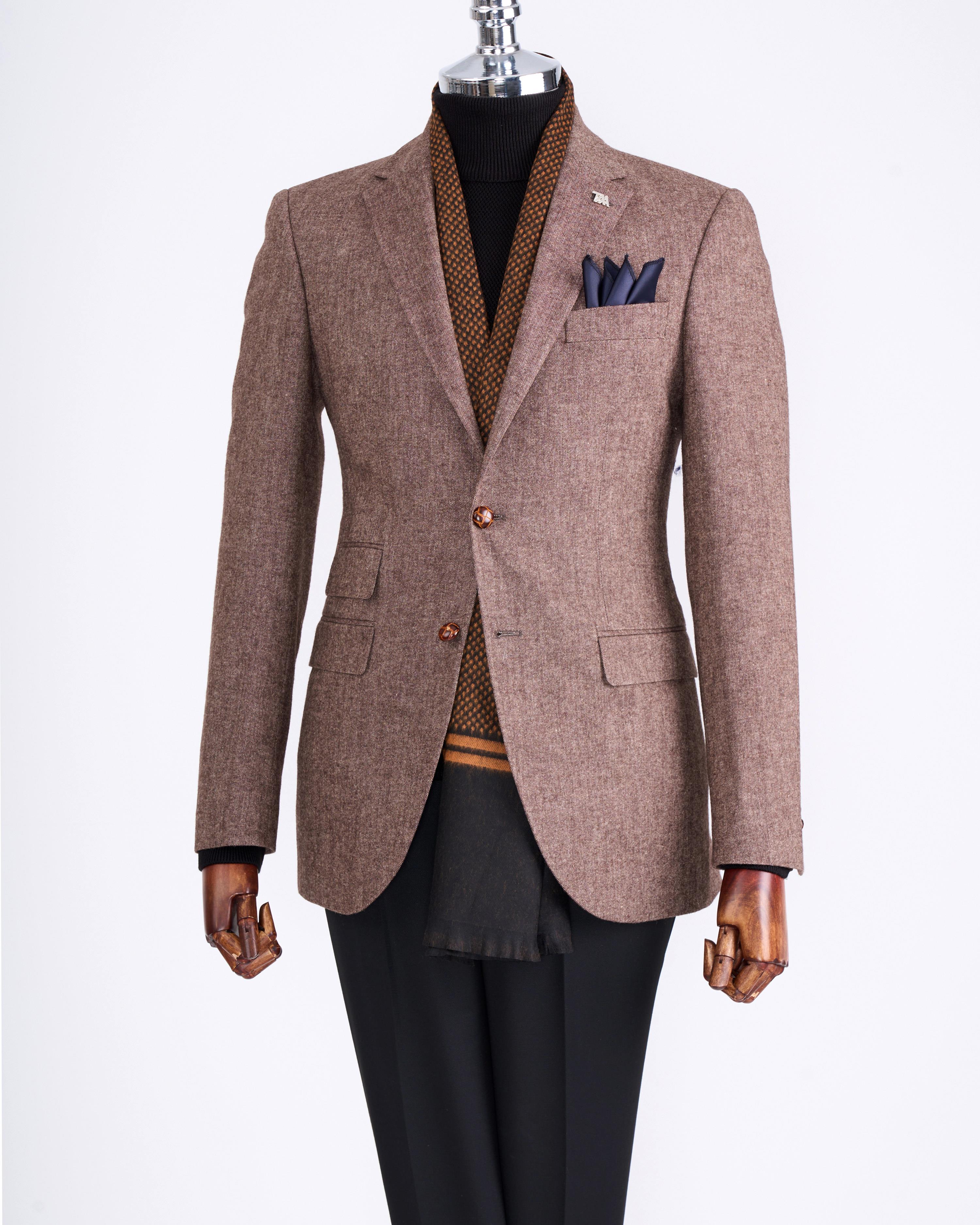 İtalyan stil slim fit mono yaka erkek tek ceket kahverengi T13347
