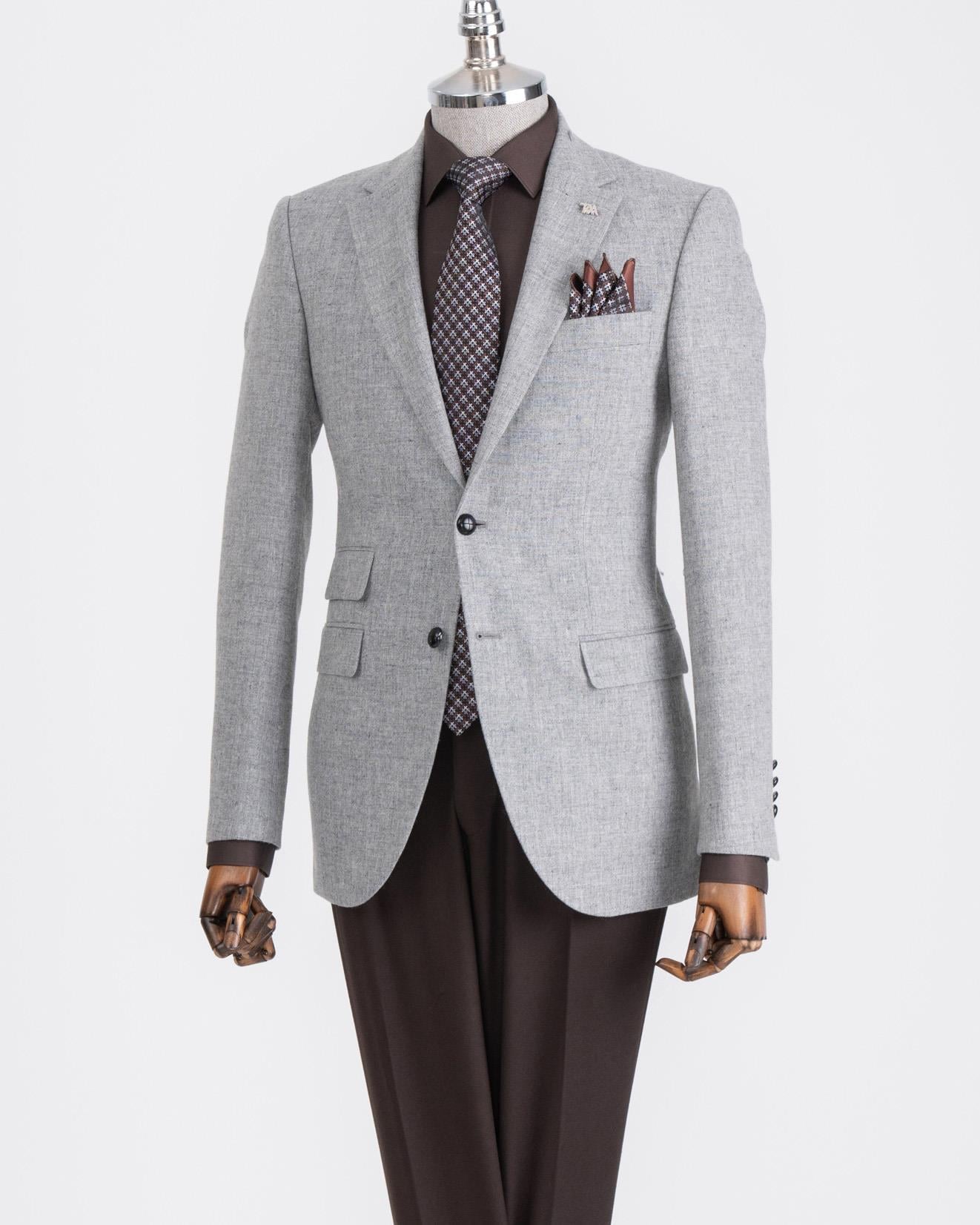 İtalyan stil slim fit mono yaka erkek tek ceket gri T13348