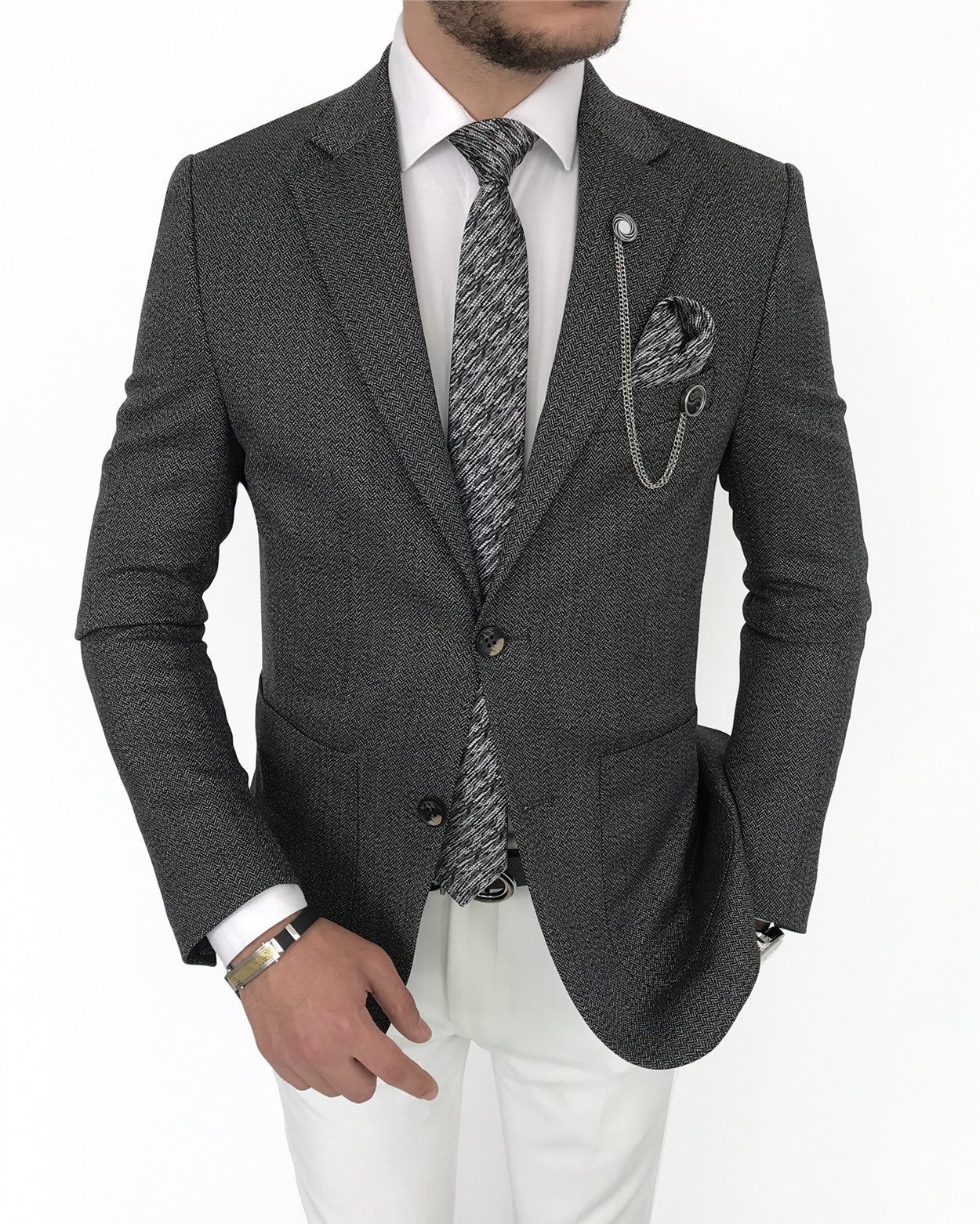 İtalyan stil slim fit mono yaka erkek ceket Gri T8064