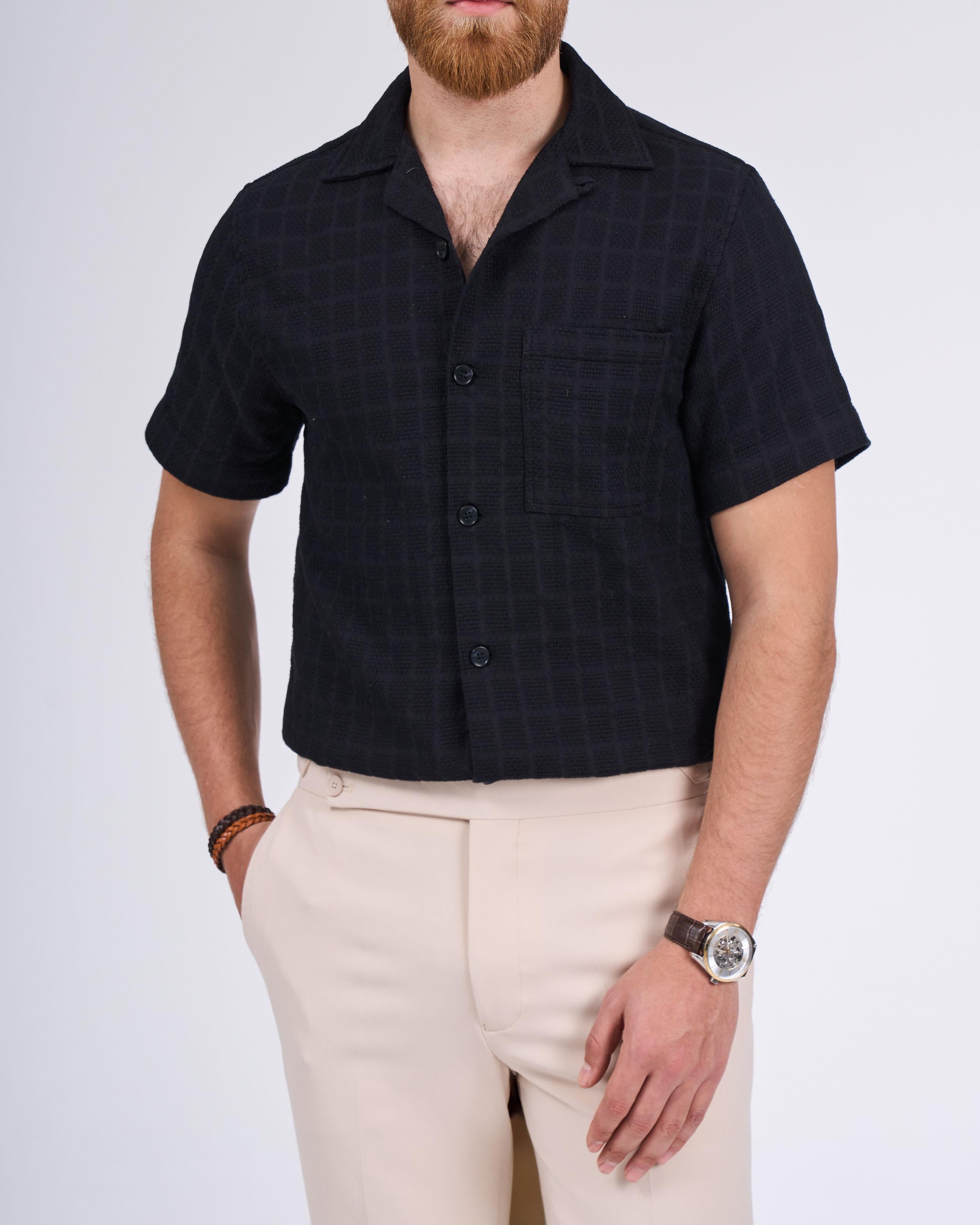 italyan stil slim fit örme dokulu kısa kollu erkek gömlek siyah T13627