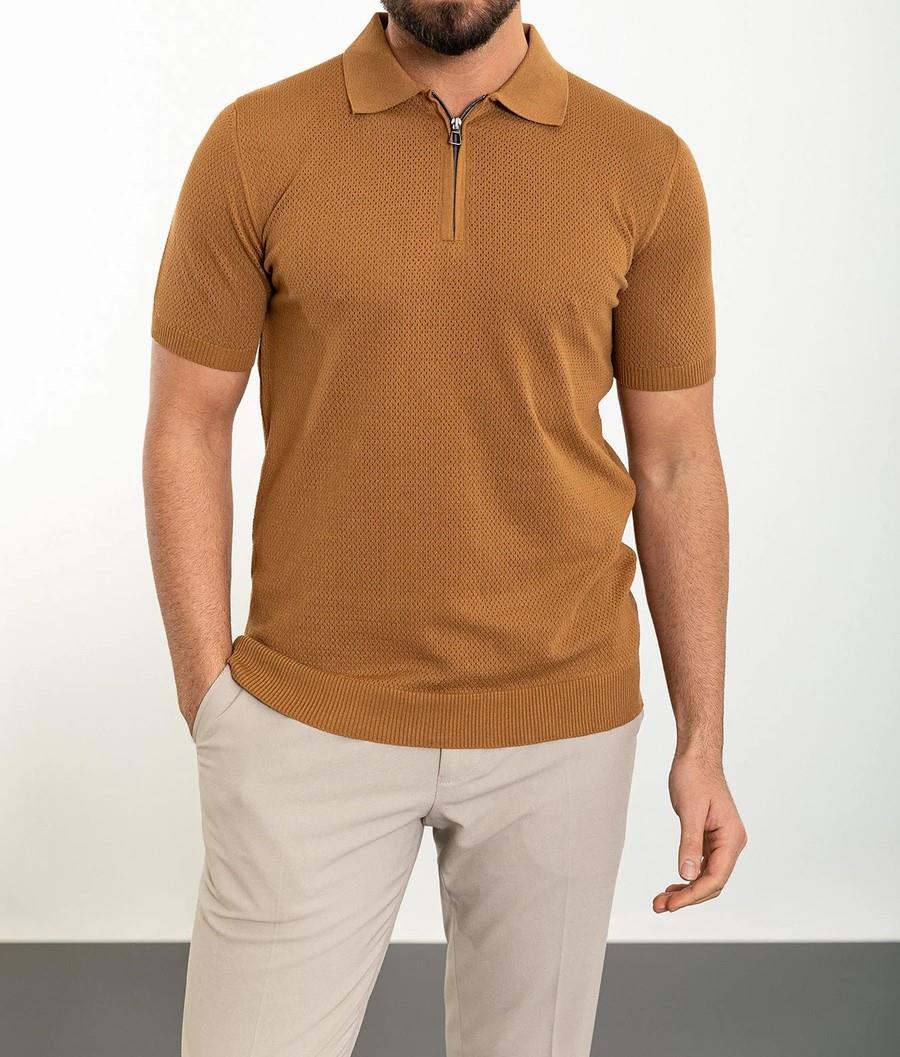 İtalyan stil slim fit polo yaka fermuarlı triko tişört camel T11739