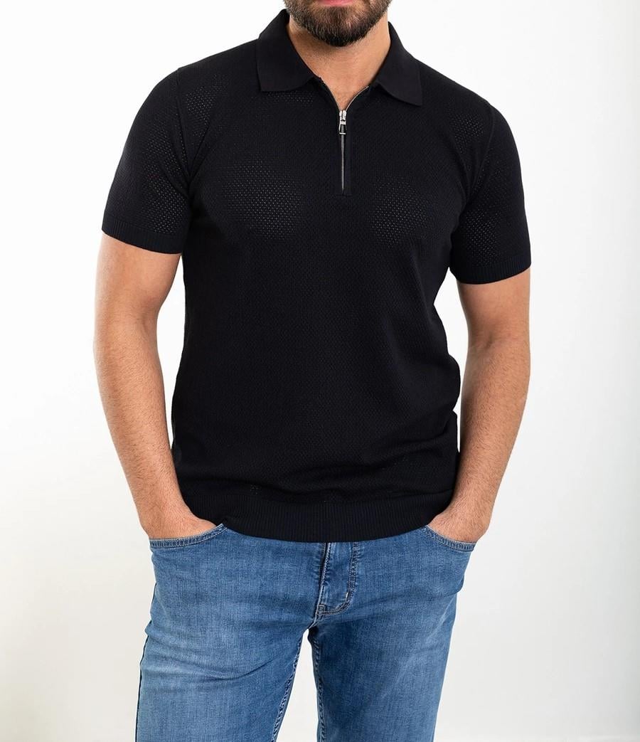 İtalyan stil slim fit polo yaka fermuarlı triko tişört lacivert T11738