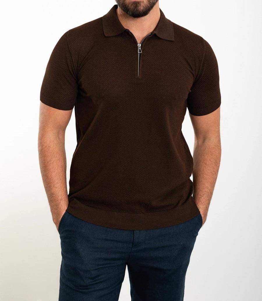 İtalyan stil slim fit polo yaka fermuarlı triko tişört kahverengi T11737