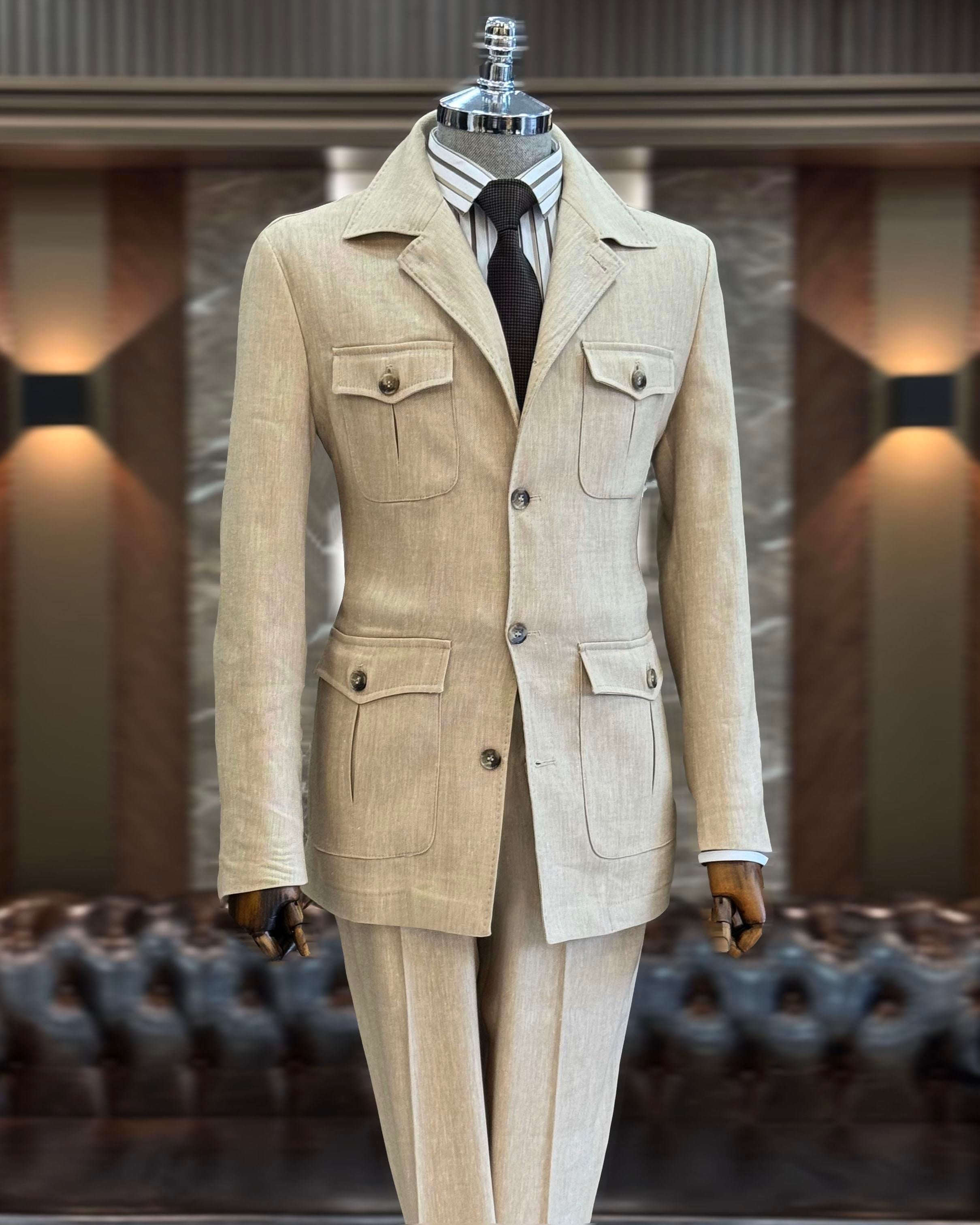 italyan stil slim fit  safari ceket pantolon takım elbise camel T11962