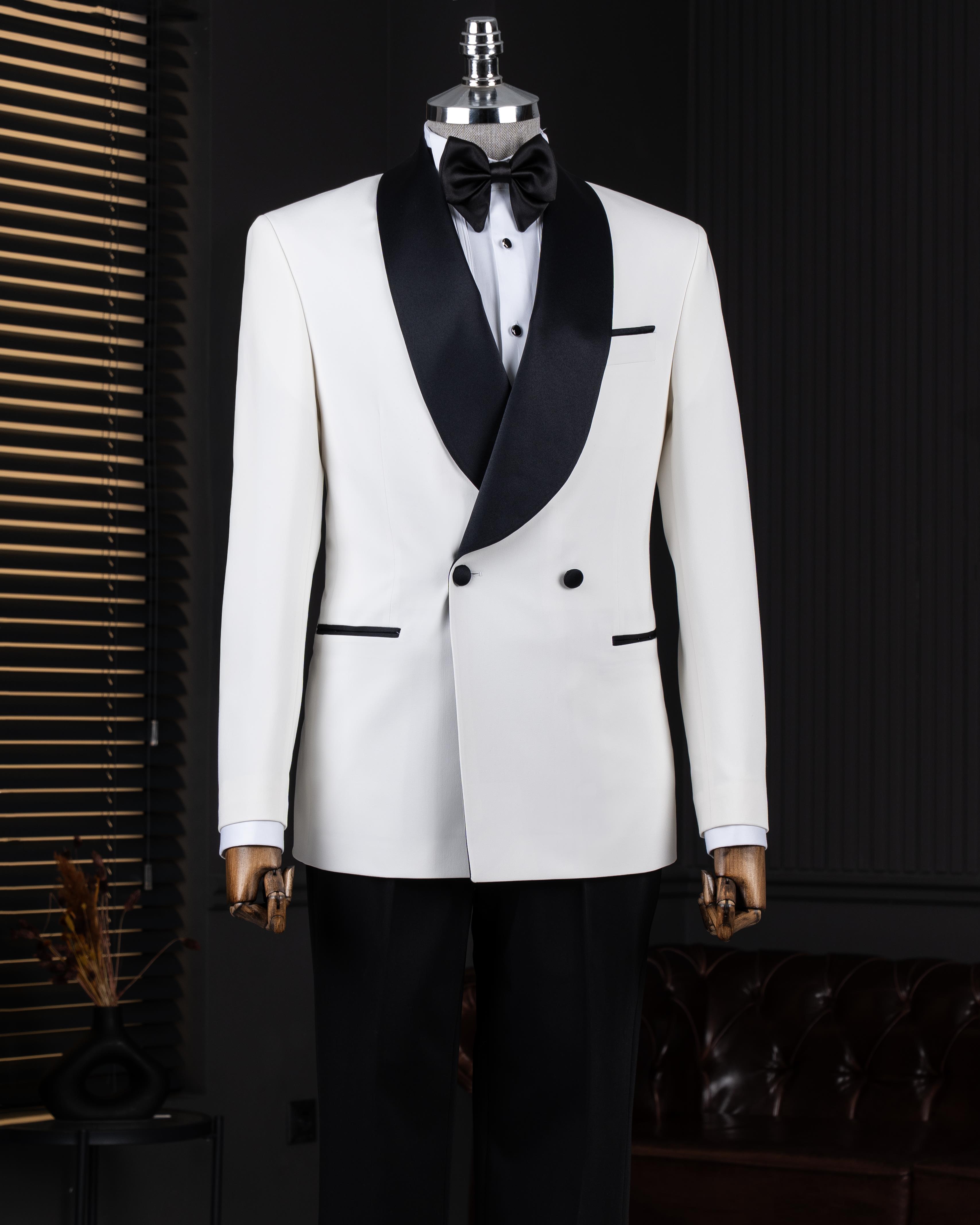 İtalyan stil slim fit şal yaka ceket pantolon damatlık set ekru T14287