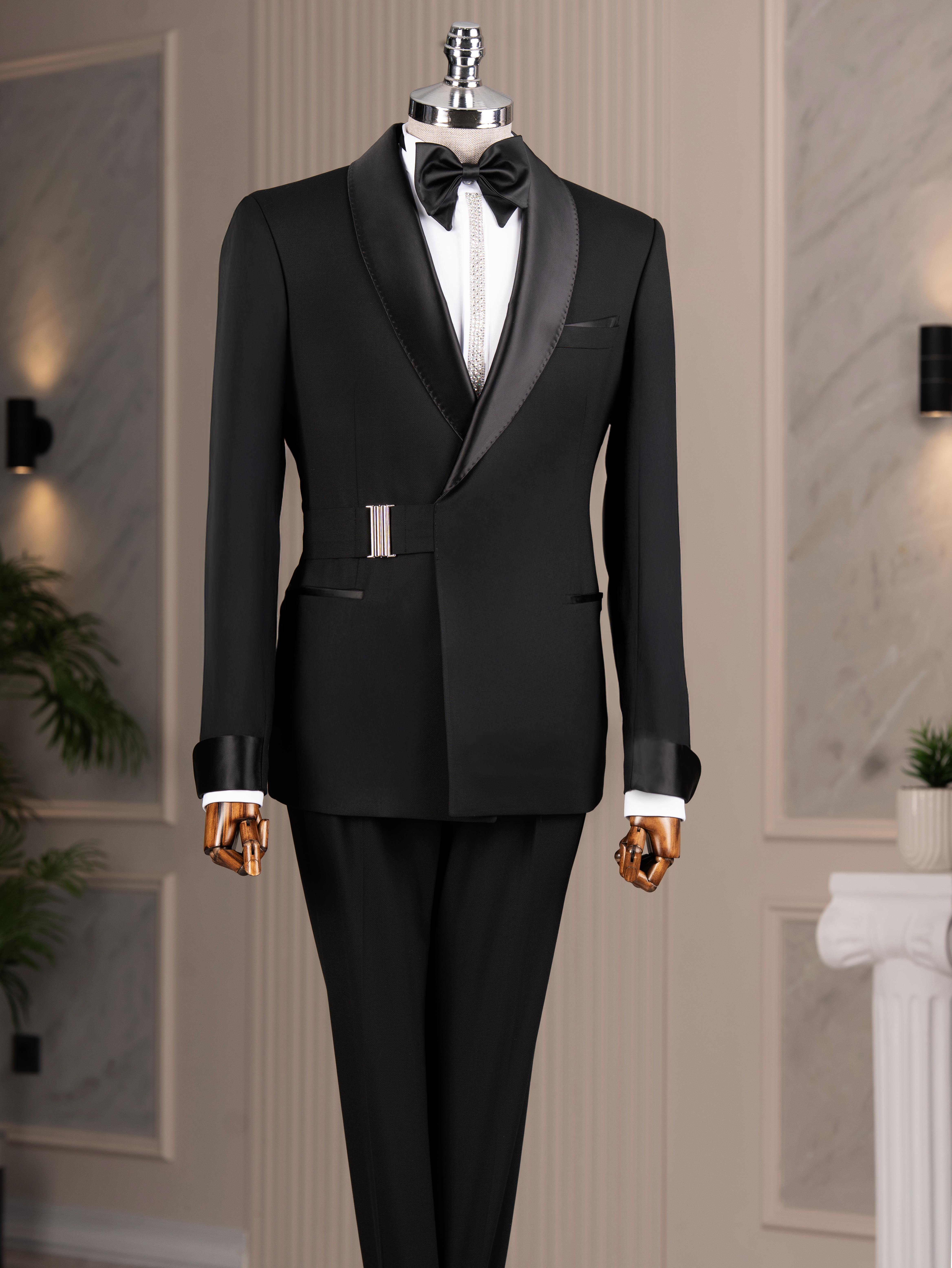 İtalyan stil slim fit şal yaka ceket pantolon damatlık set siyah T14914