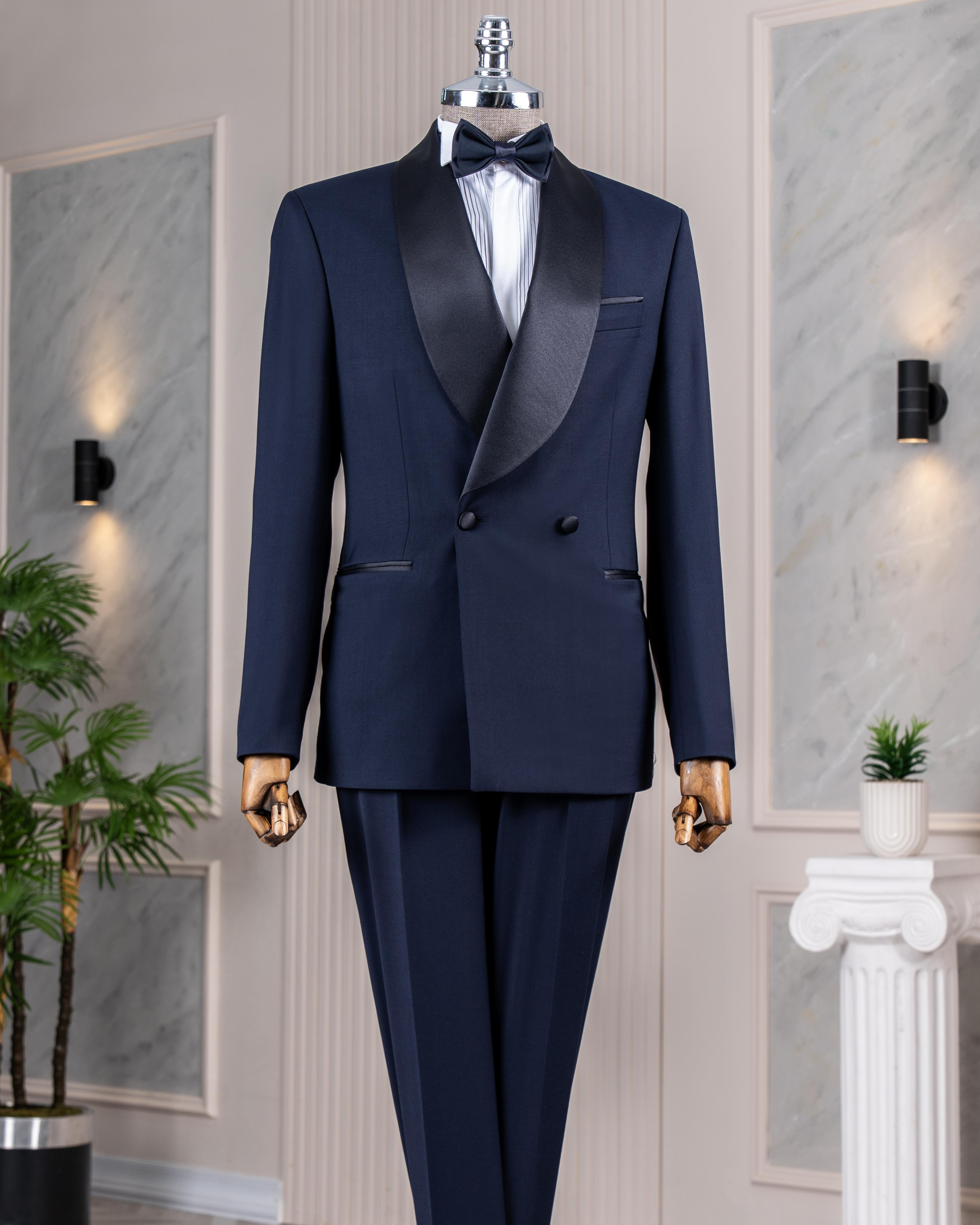 İtalyan stil slim fit şal yaka ceket pantolon damatlık set lacivert T14286
