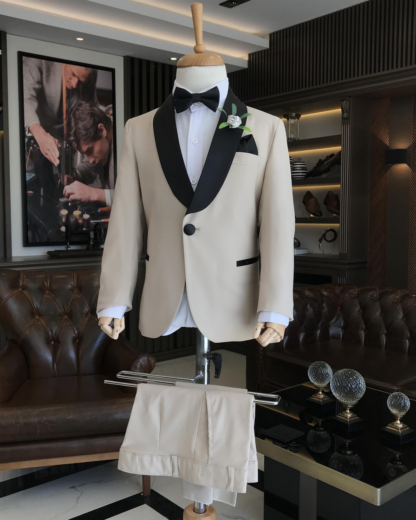 İtalyan stil slim fit şal yaka ceket pantolon çocuk smokin set Bej T8822