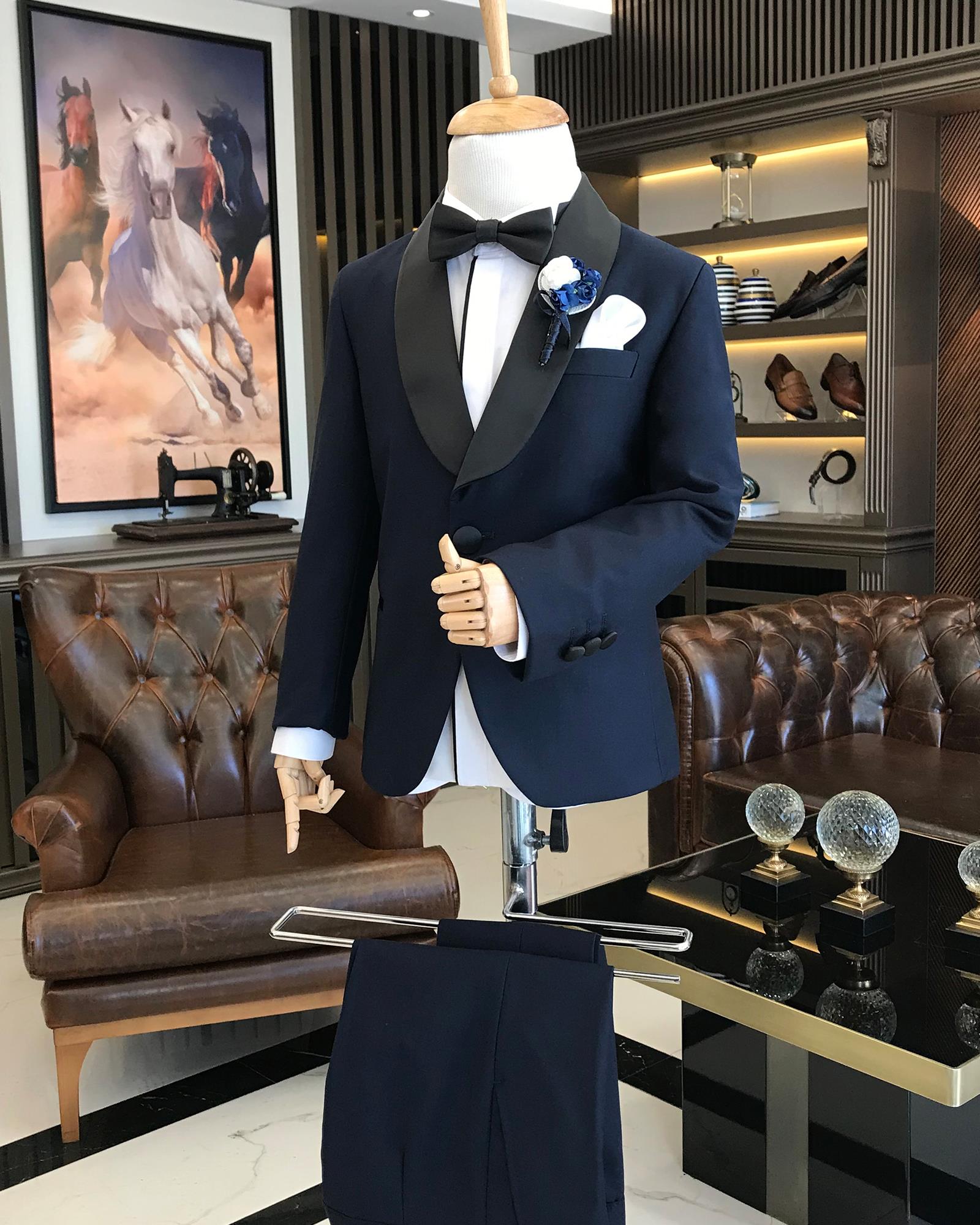 İtalyan stil slim fit şal yaka ceket pantolon çocuk smokin set Lacivert T8817