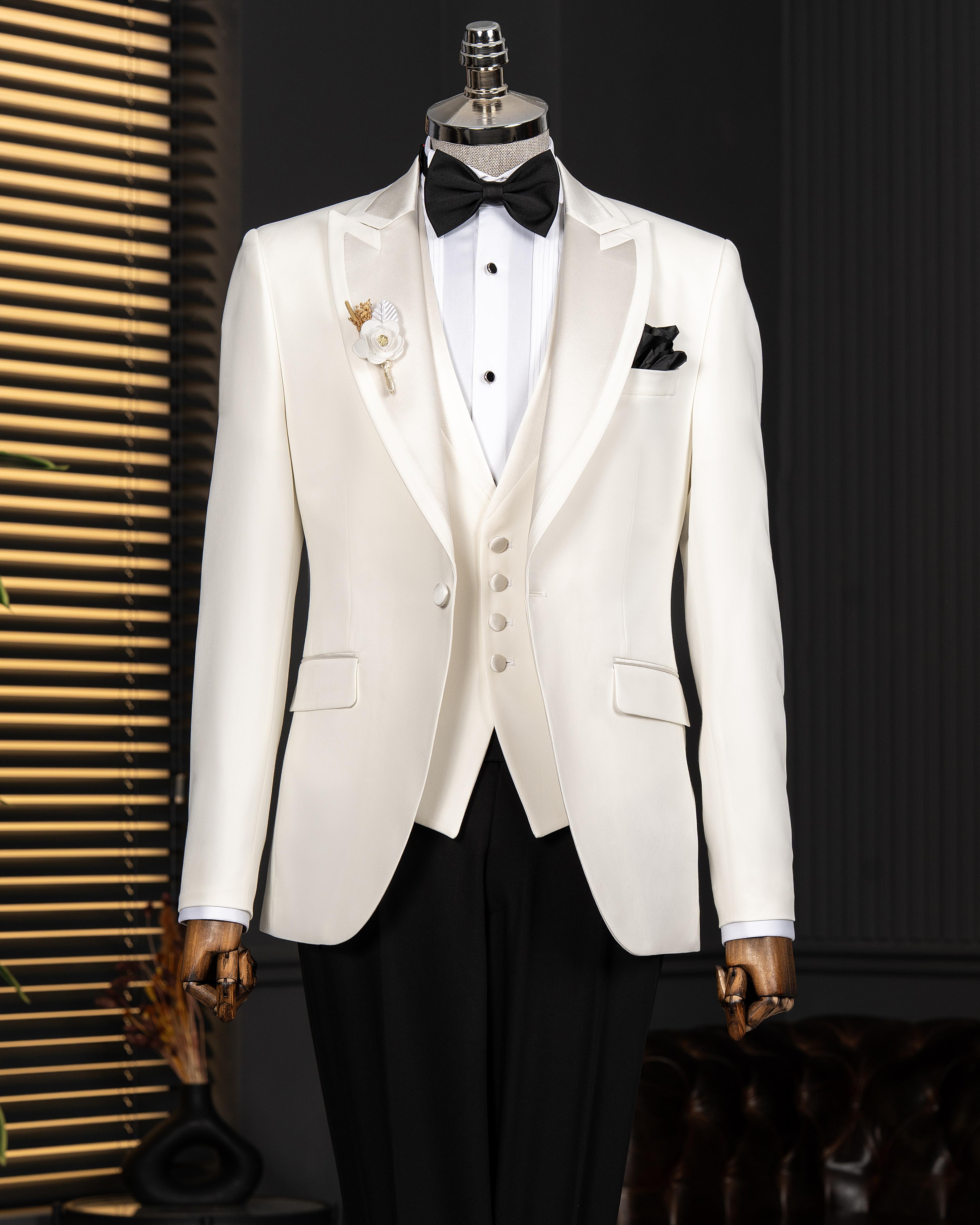 İtalyan stil slim fit şal yaka ceket yelek pantolon damatlık set ekru T14333