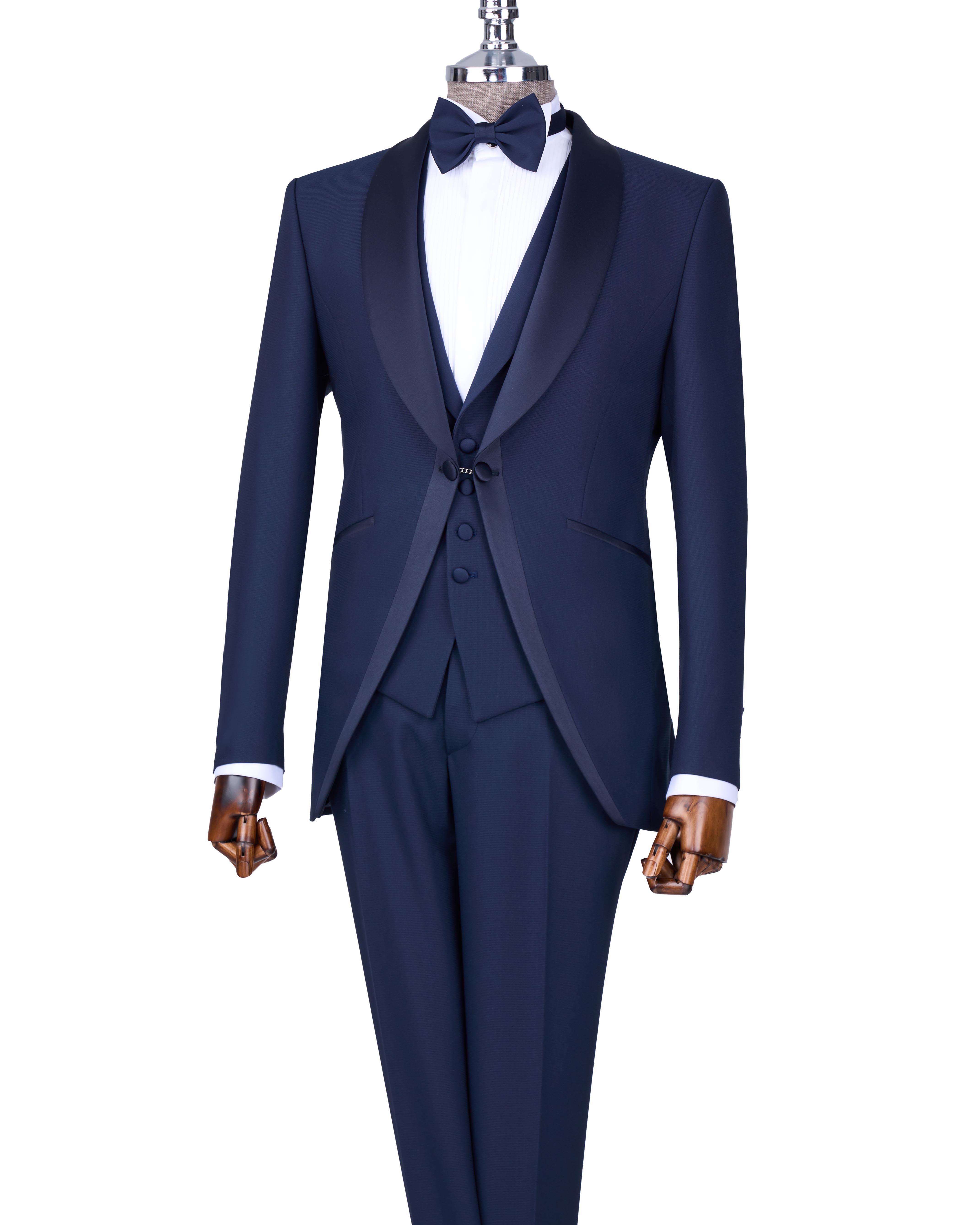 İtalyan stil slim fit şal yaka ceket yelek pantolon damatlık set lacivert T13696