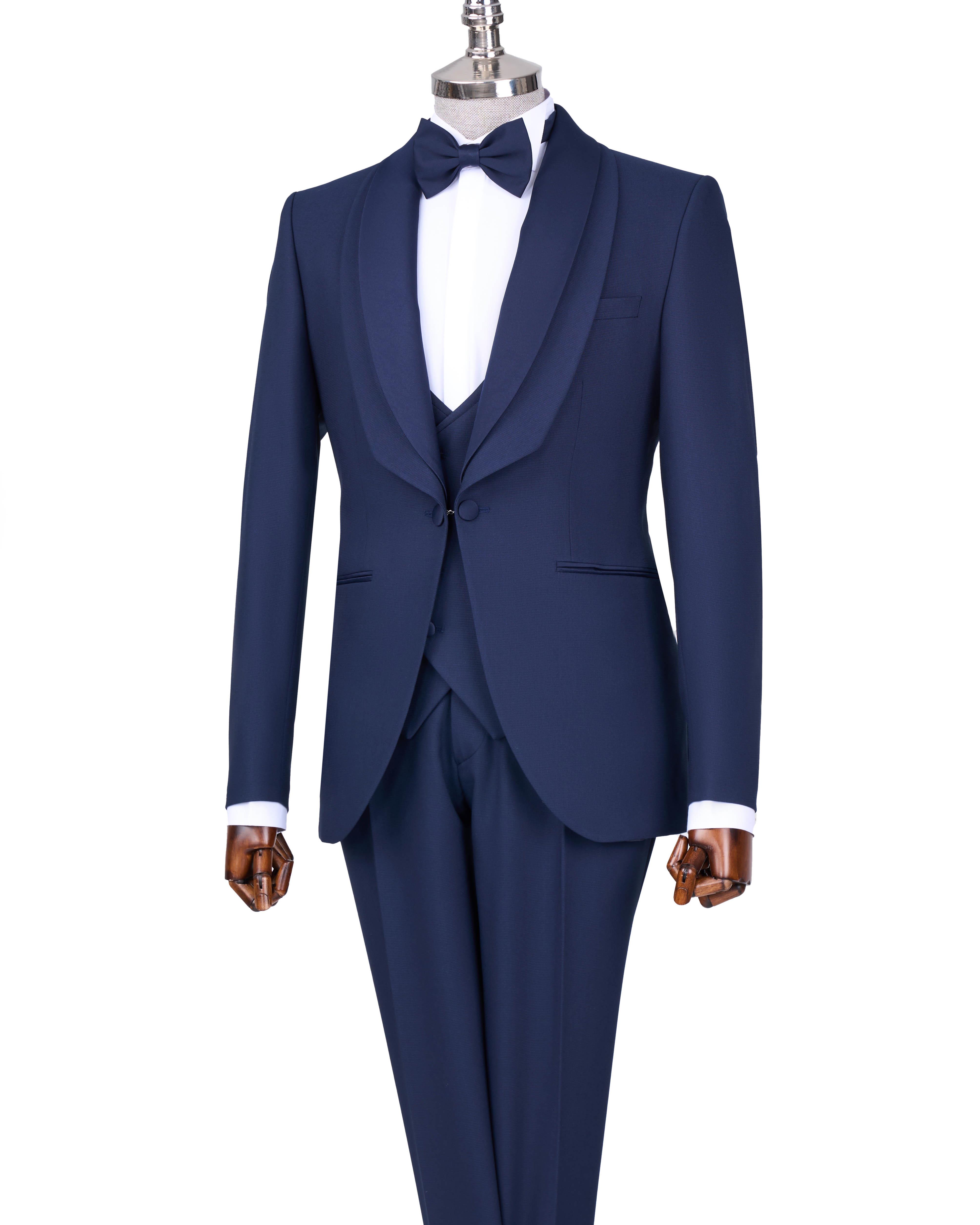 İtalyan stil slim fit şal yaka ceket yelek pantolon damatlık set lacivert T13693