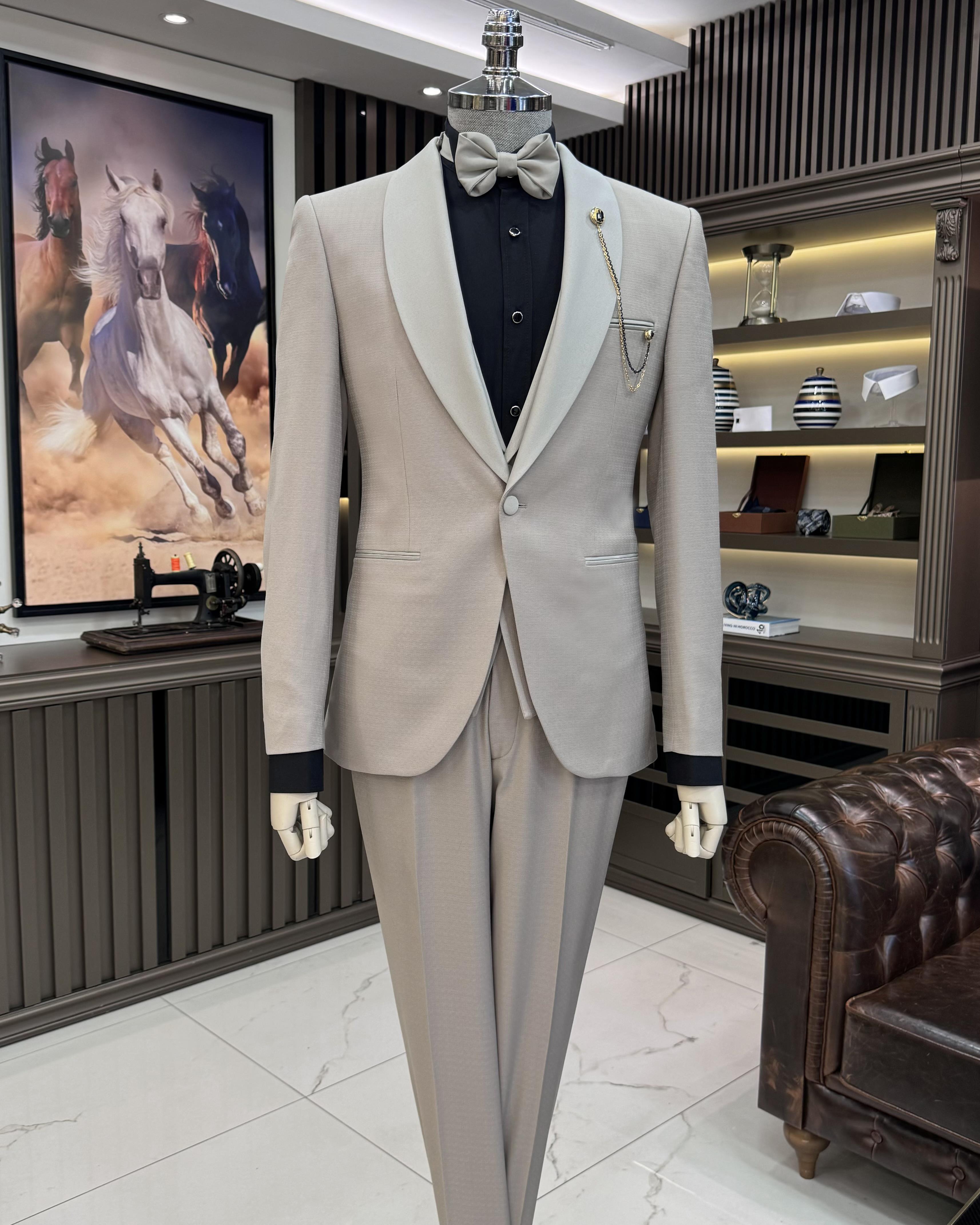 İtalyan stil slim fit şal yaka ceket yelek pantolon damatlık set bej T11623