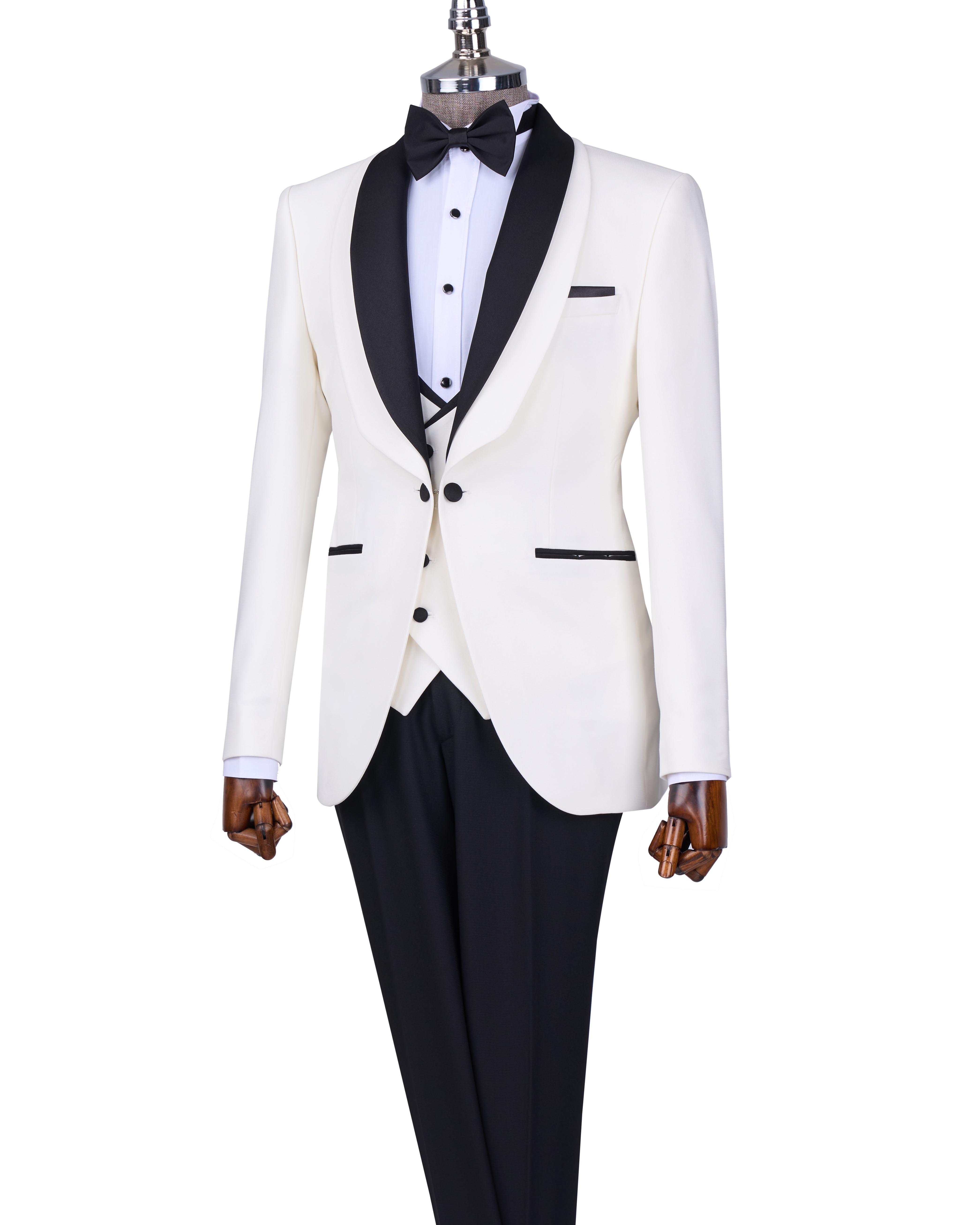 İtalyan stil slim fit şal yaka ceket yelek pantolon damatlık set beyaz T13694