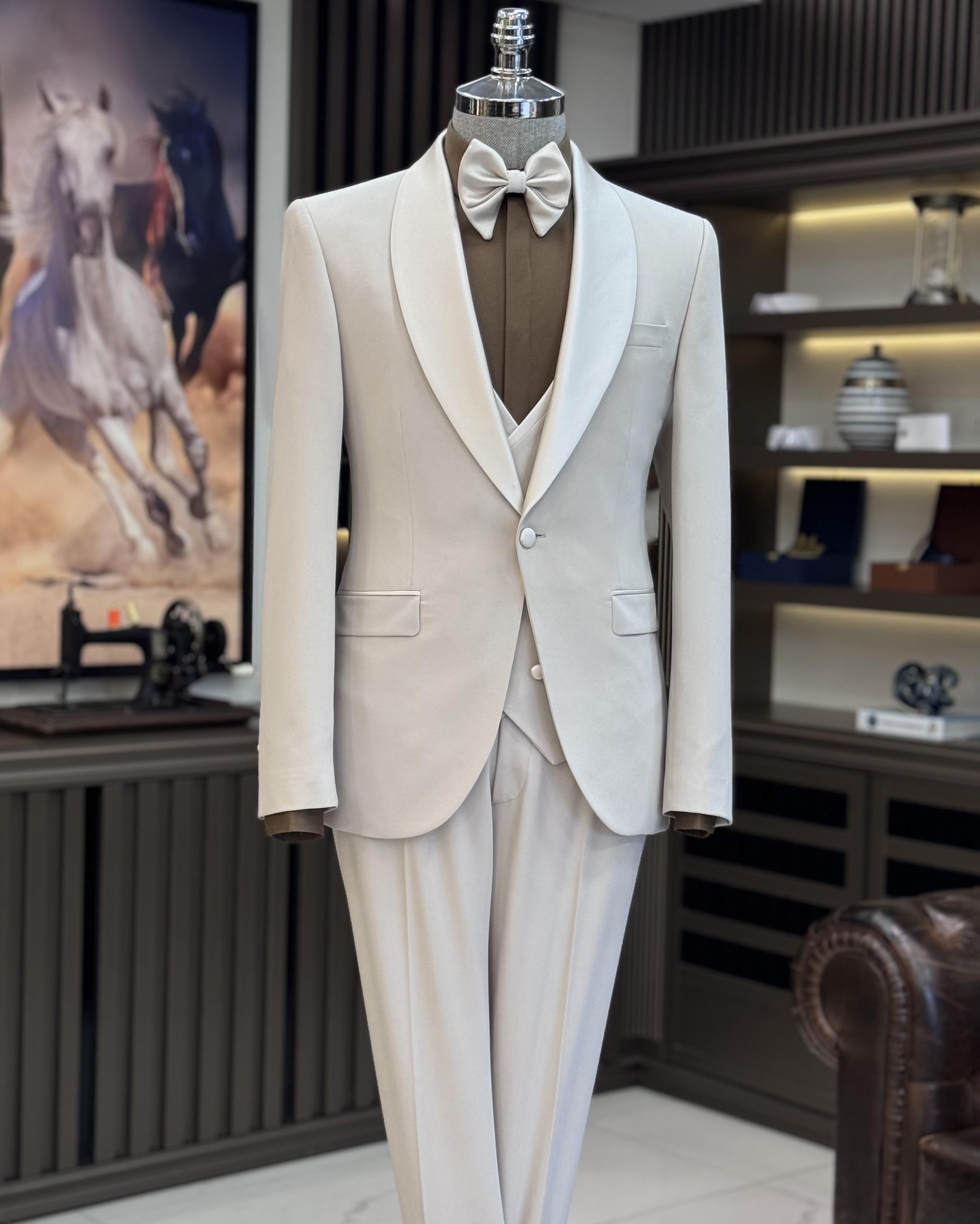 İtalyan stil slim fit şal yaka ceket yelek pantolon damatlık set bej T11610