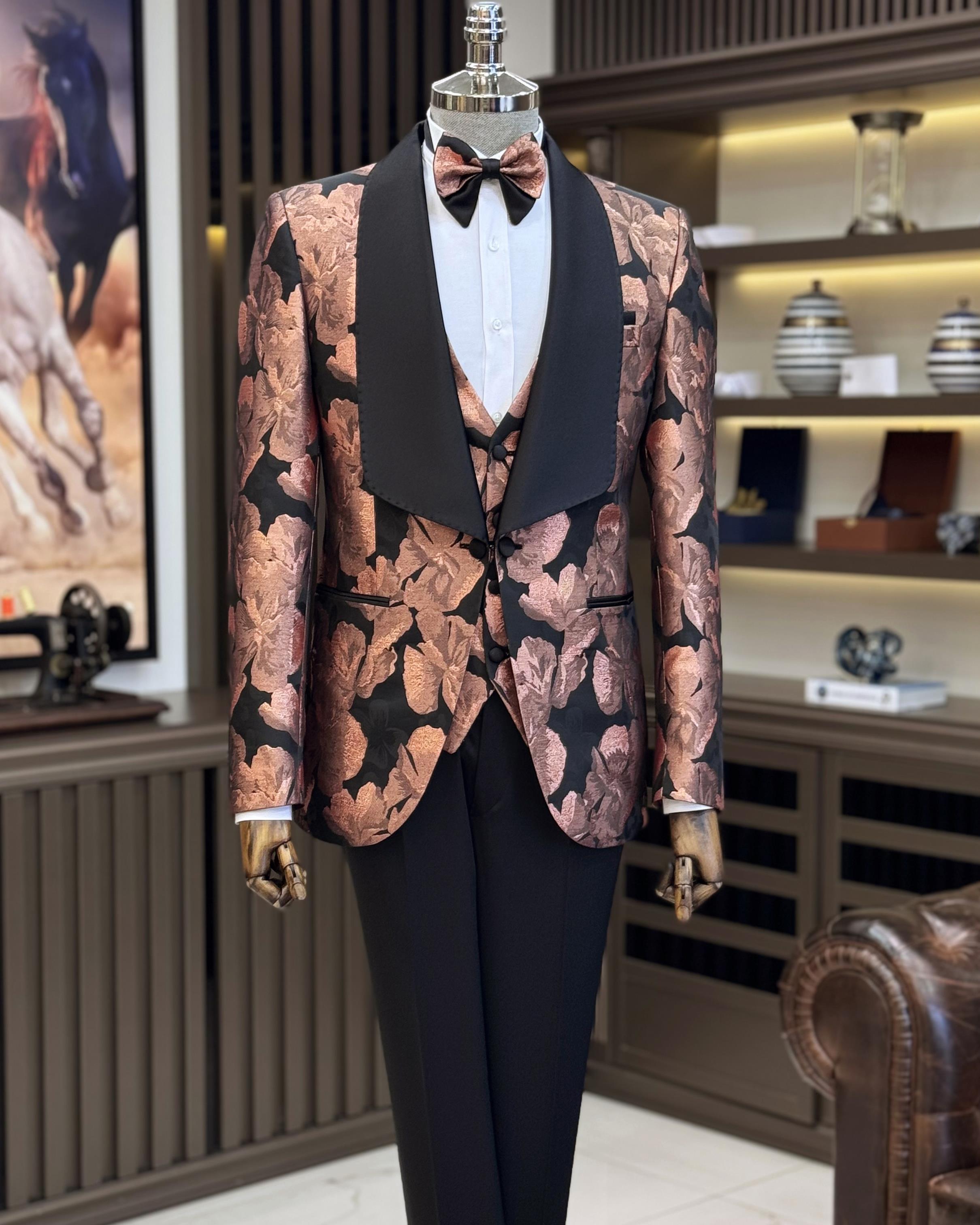 İtalyan stil slim fit şal yaka ceket yelek pantolon damatlık set siyah T11621