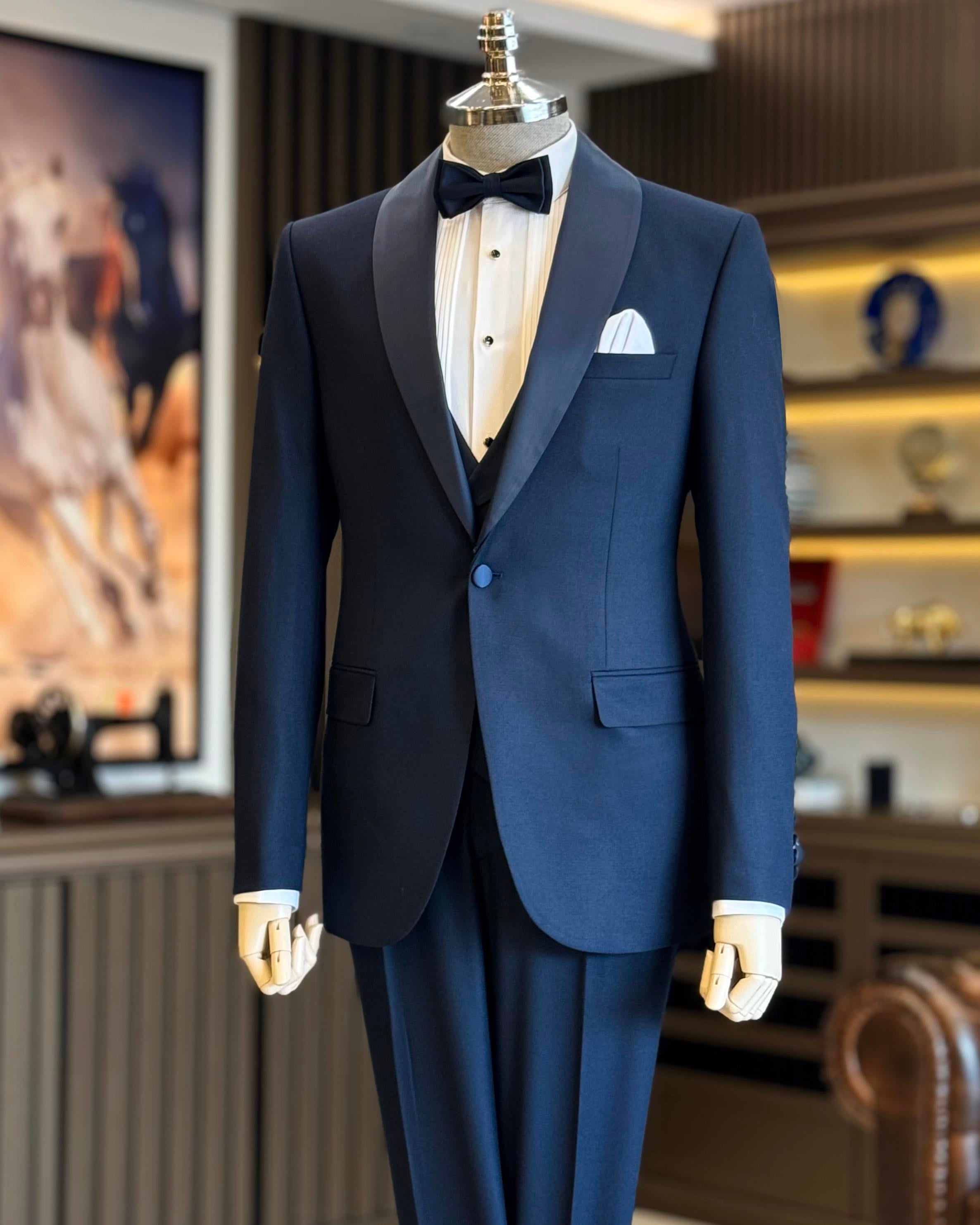 İtalyan stil slim fit şal yaka ceket yelek pantolon damatlık set lacivert T12586