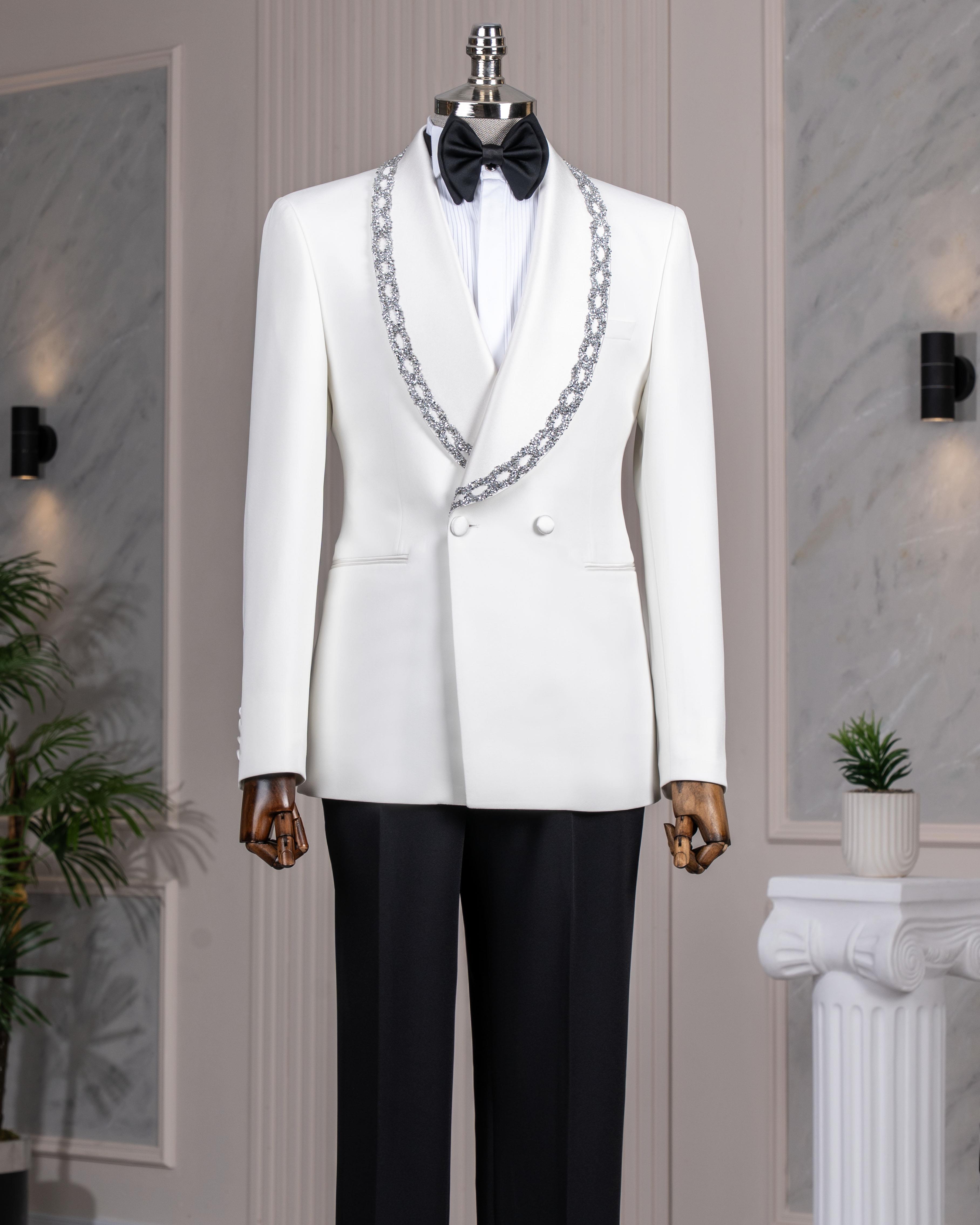 İtalyan stil slim fit şal yaka taşlı ceket pantolon damatlık set beyaz T14550