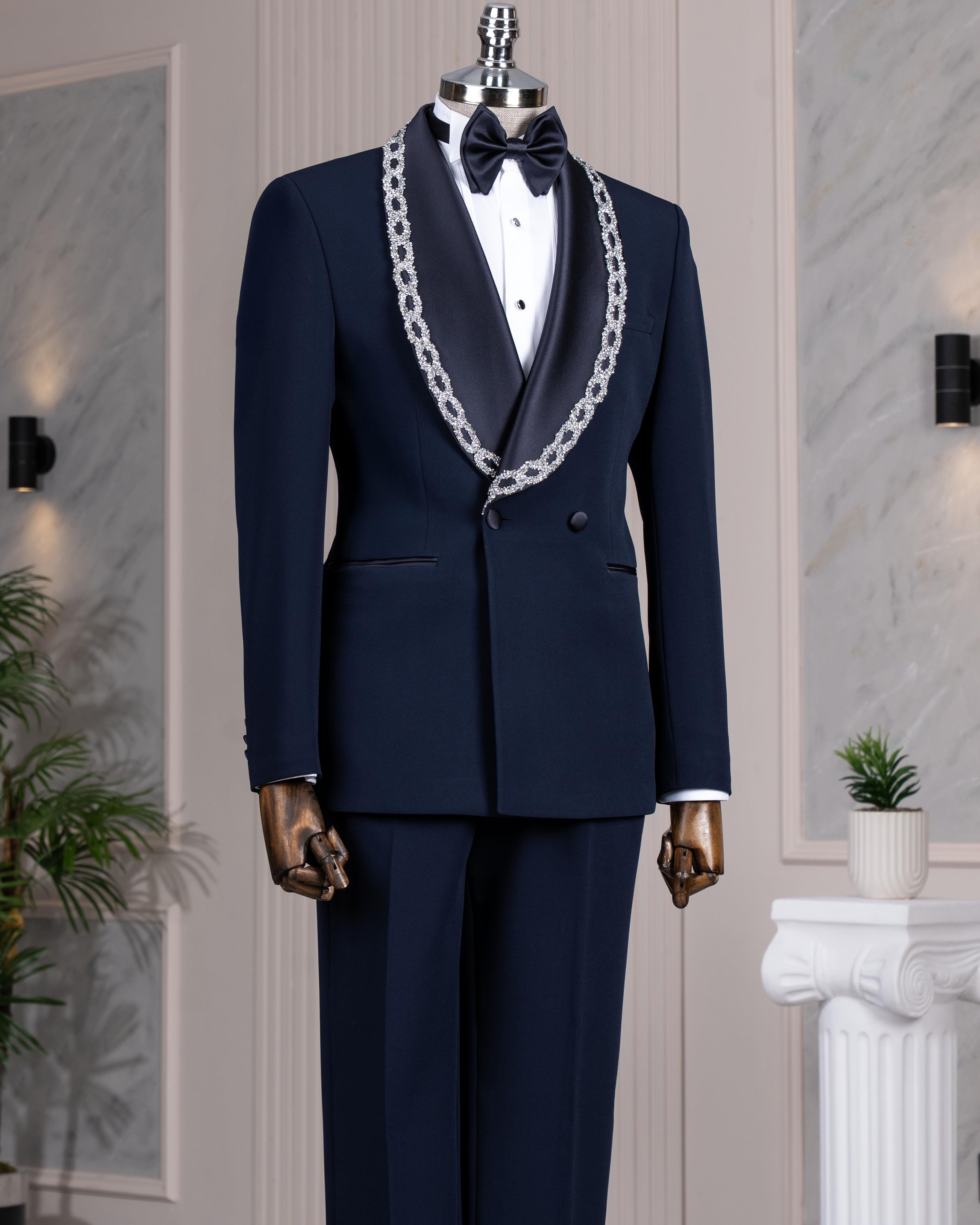 İtalyan stil slim fit şal yaka taşlı ceket pantolon damatlık set lacivert T14549