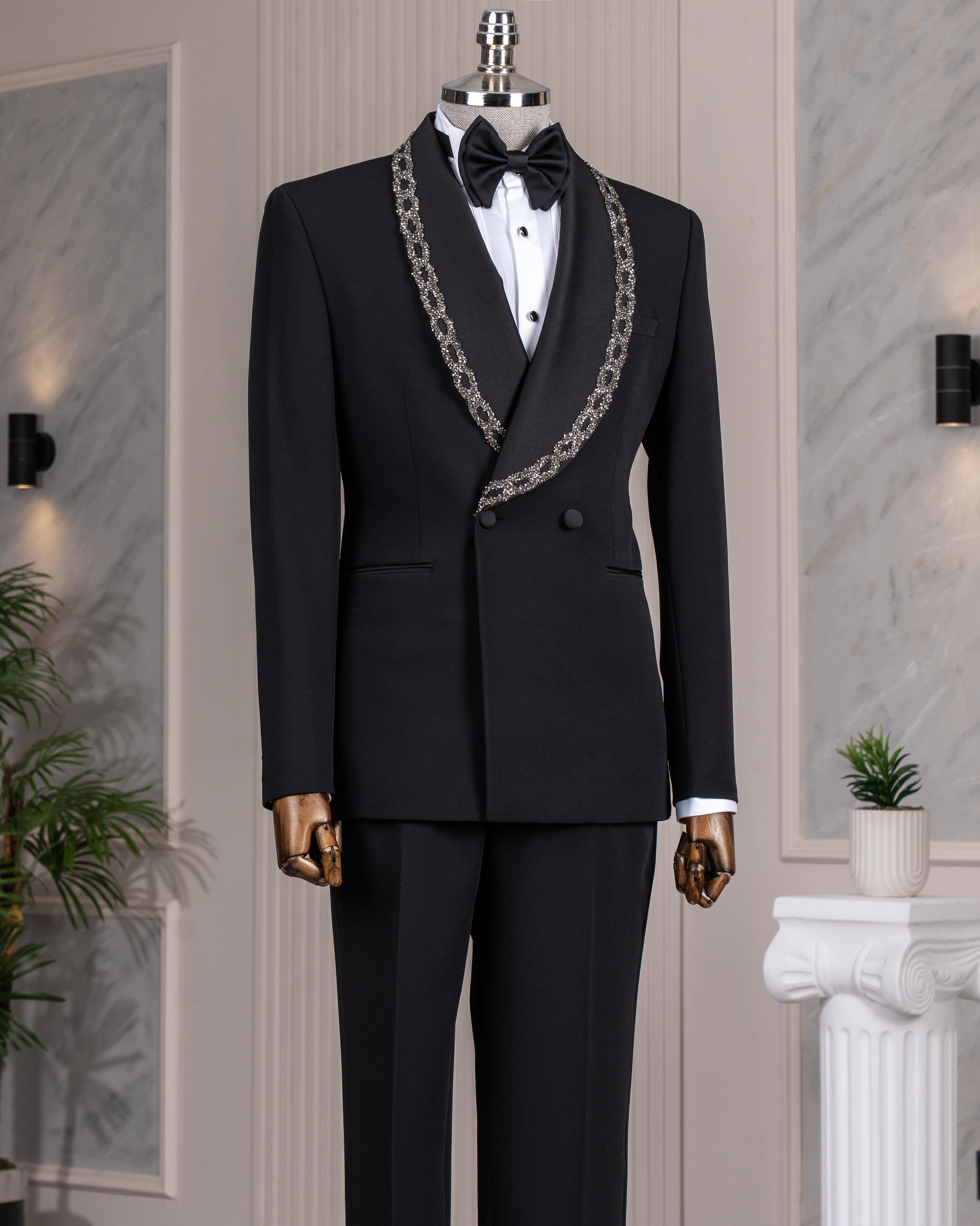 İtalyan stil slim fit şal yaka taşlı ceket pantolon damatlık set siyah T14548