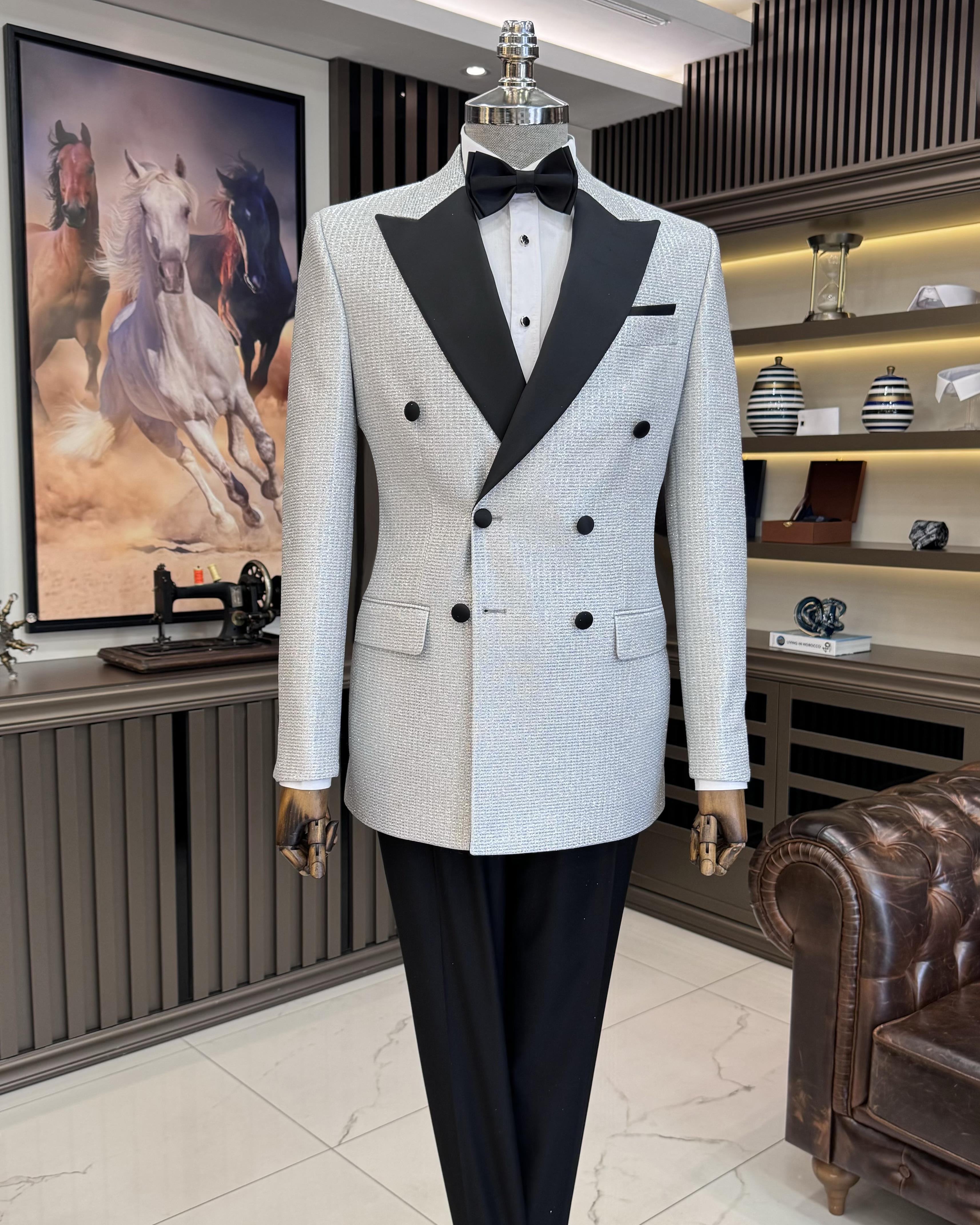 İtalyan stil slim fit simli kruvaze ceket pantolon damatlık set gri T11569