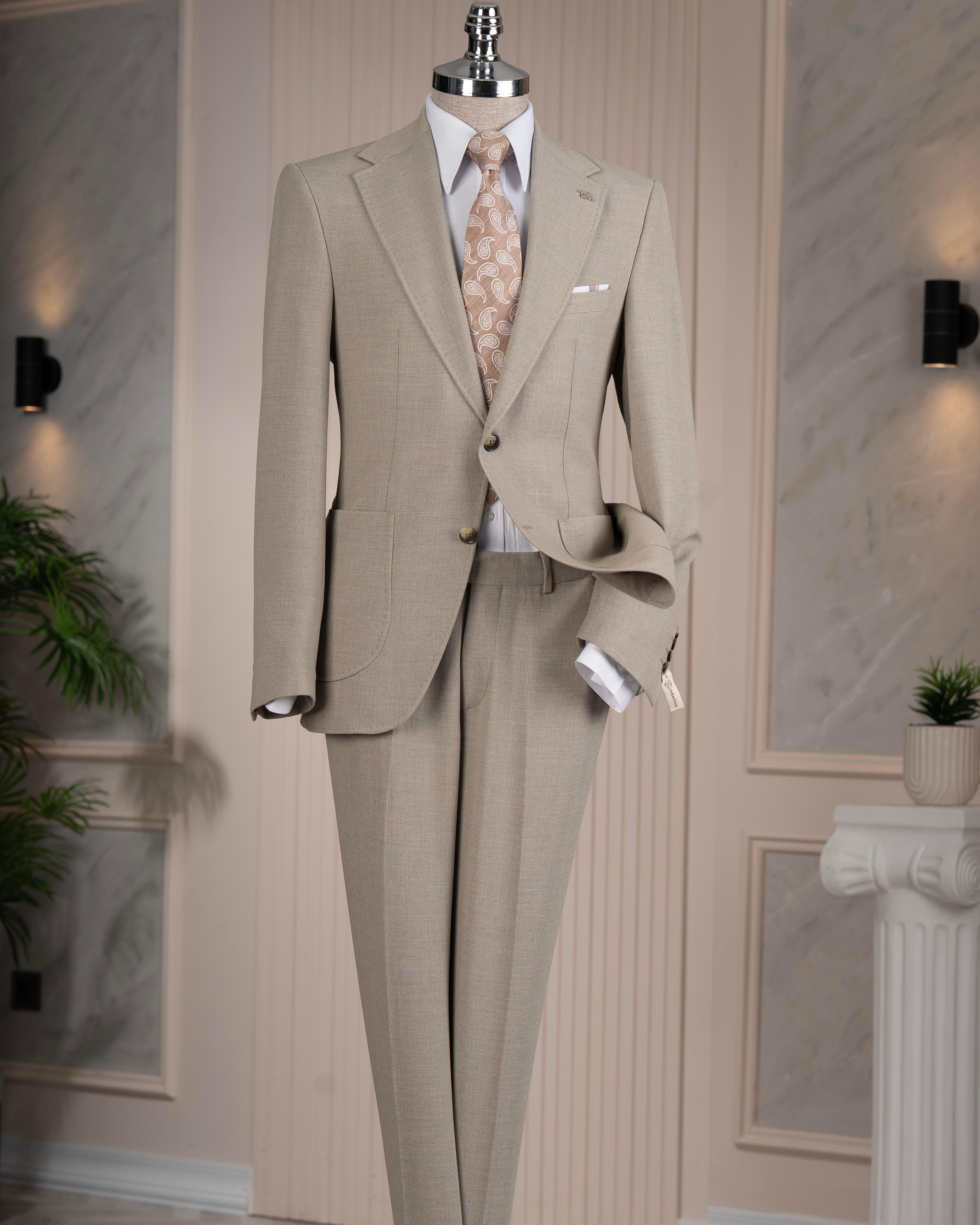 İtalyan stil slim fit sivri yaka ceket pantolon takım elbise bej T14745