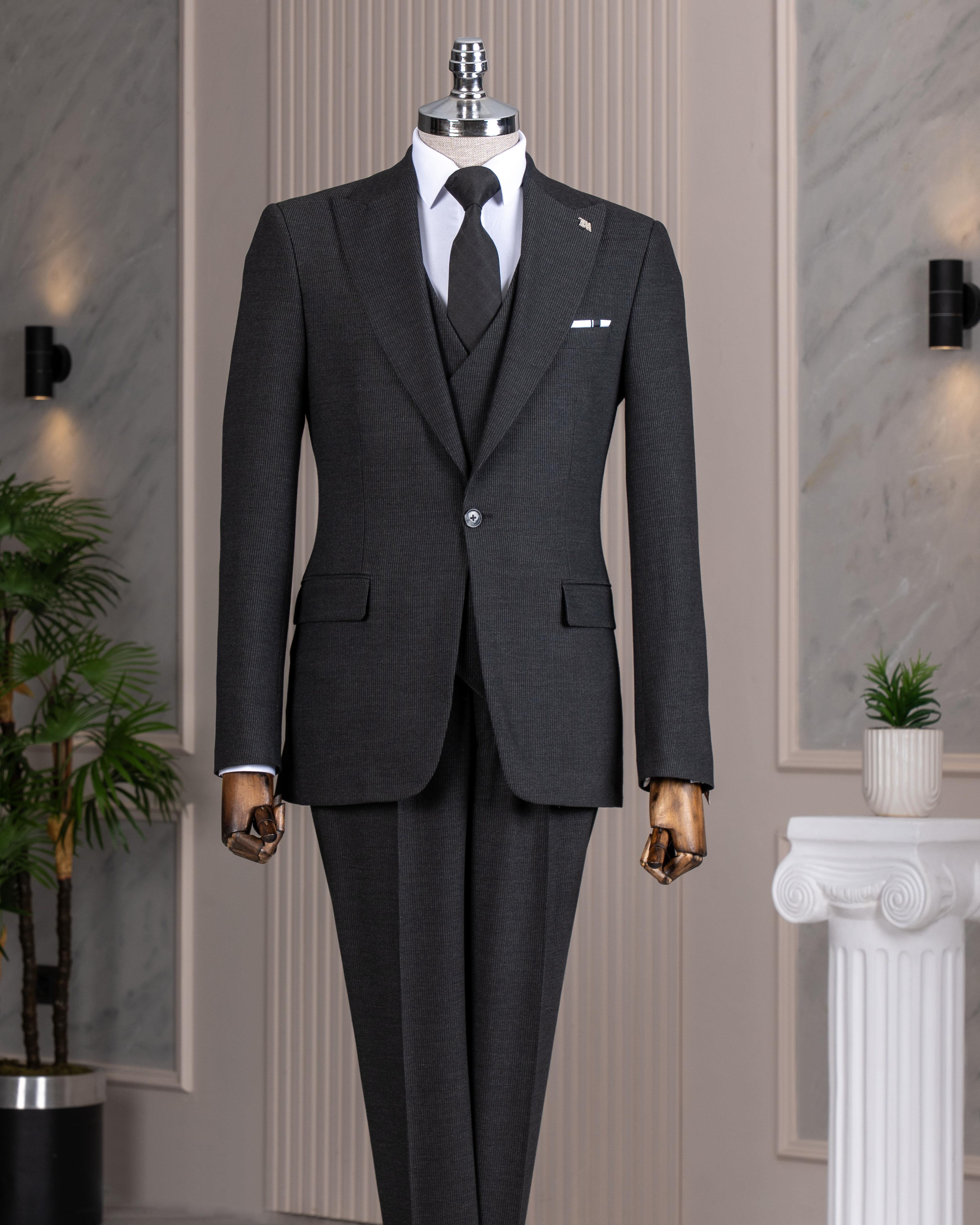 İtalyan stil slim fit sivri yaka ceket yelek pantolon takım elbise antrasit T14786