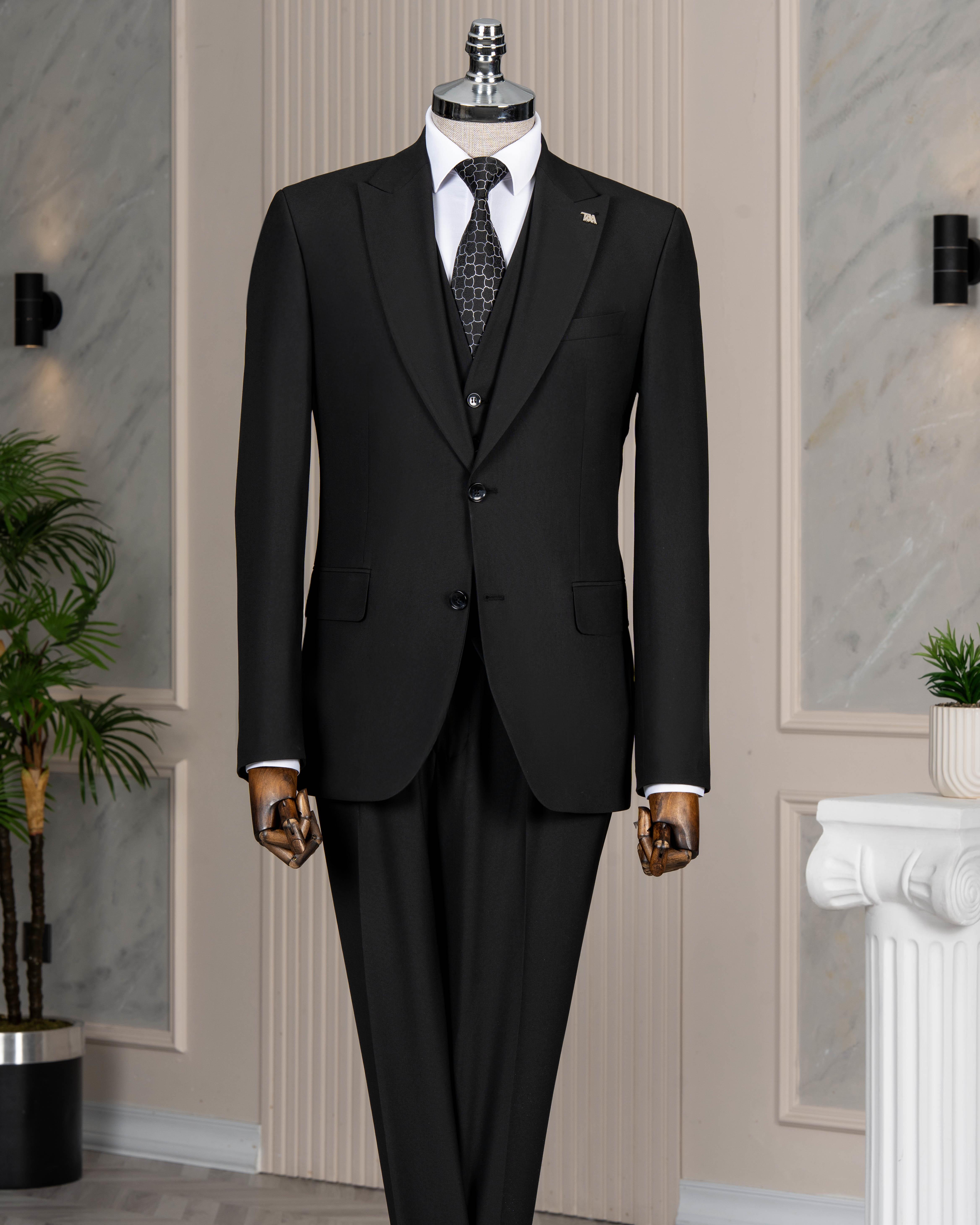 İtalyan stil slim fit sivri yaka ceket yelek pantolon takım elbise siyah T15059