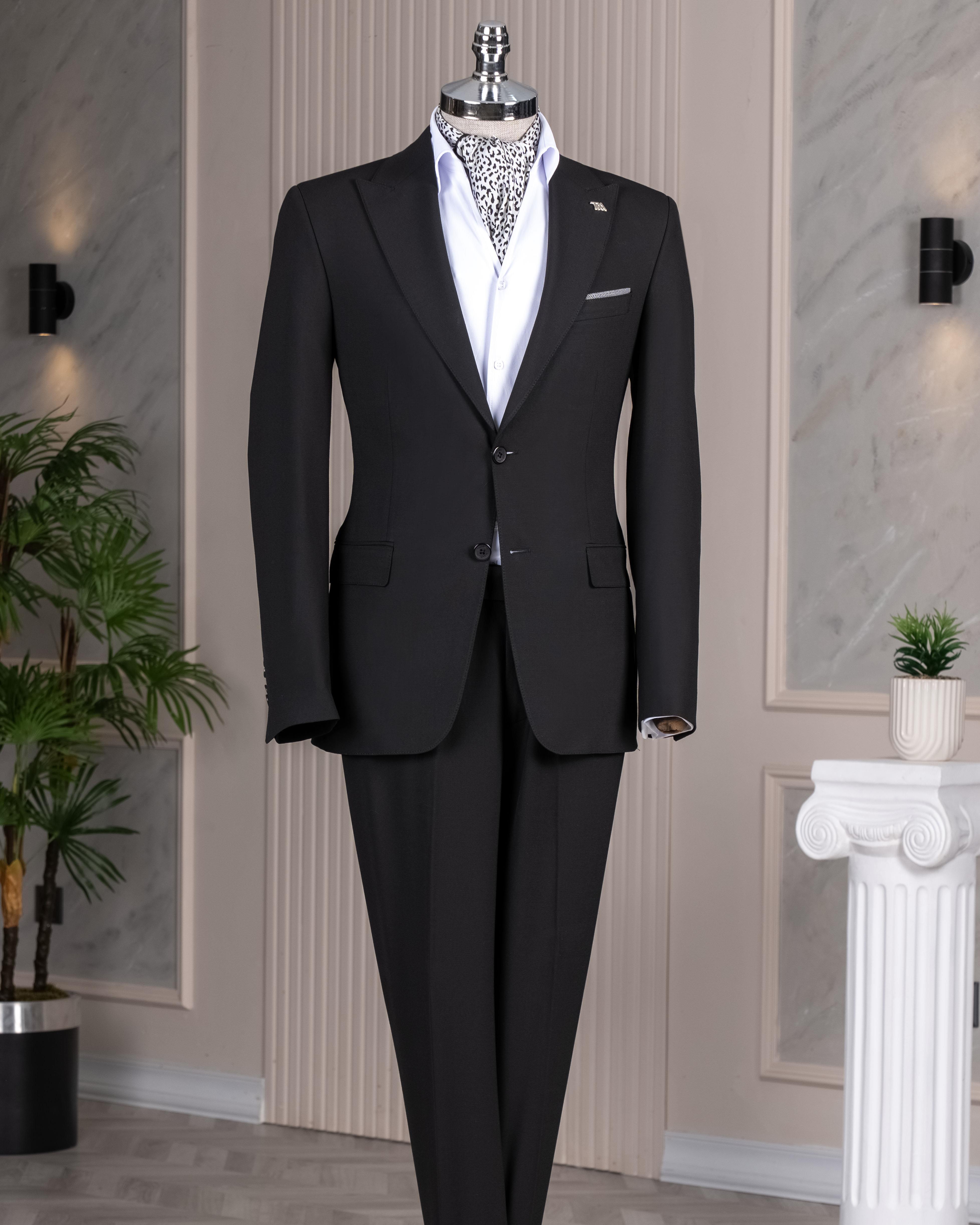 İtalyan stil slim fit sivri yaka ceket yelek pantolon takım elbise siyah T14289