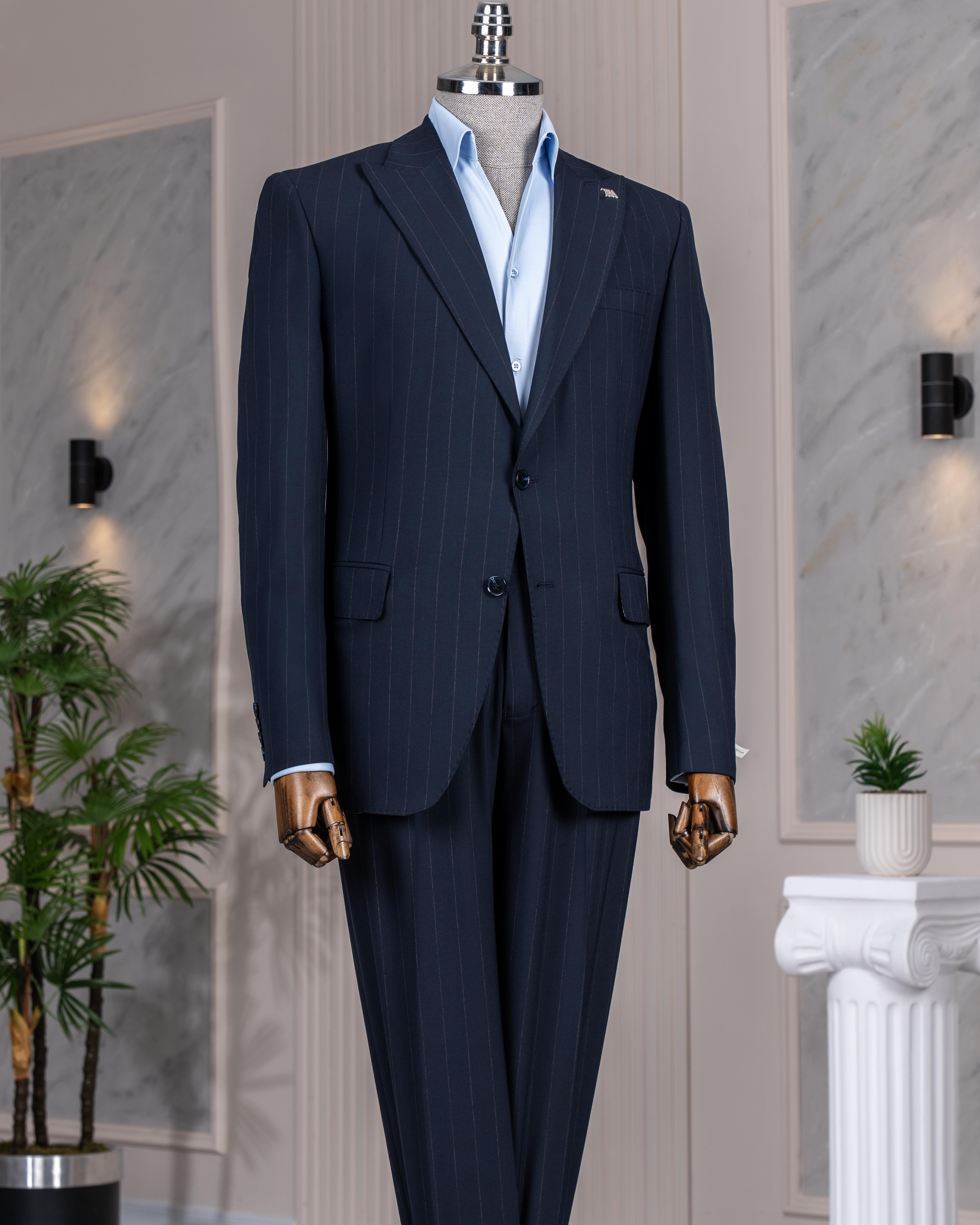 İtalyan stil slim fit sivri yaka ceket pantolon takım elbise lacivert T14254