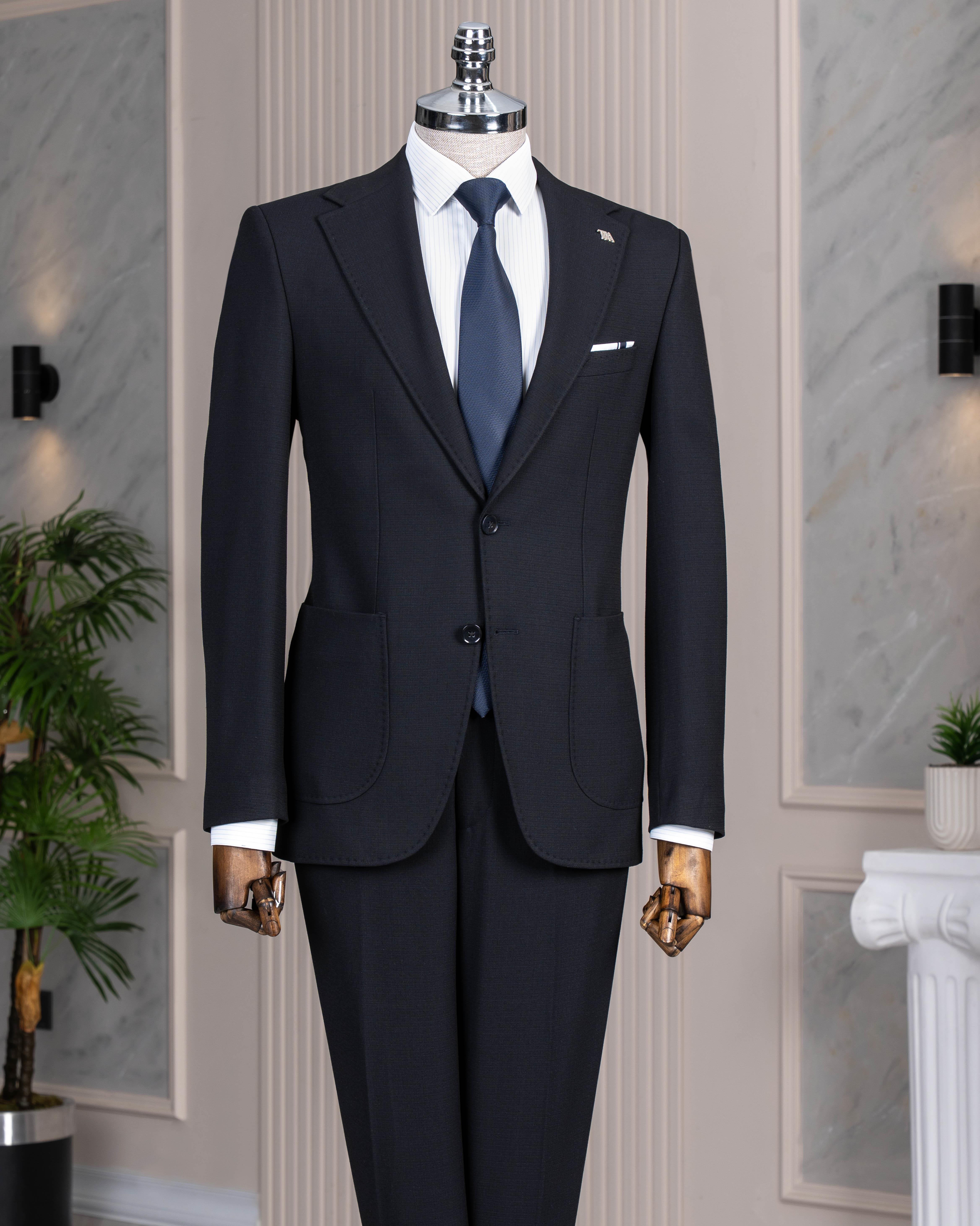 İtalyan stil slim fit sivri yaka ceket yelek pantolon takım elbise lacivert T14743