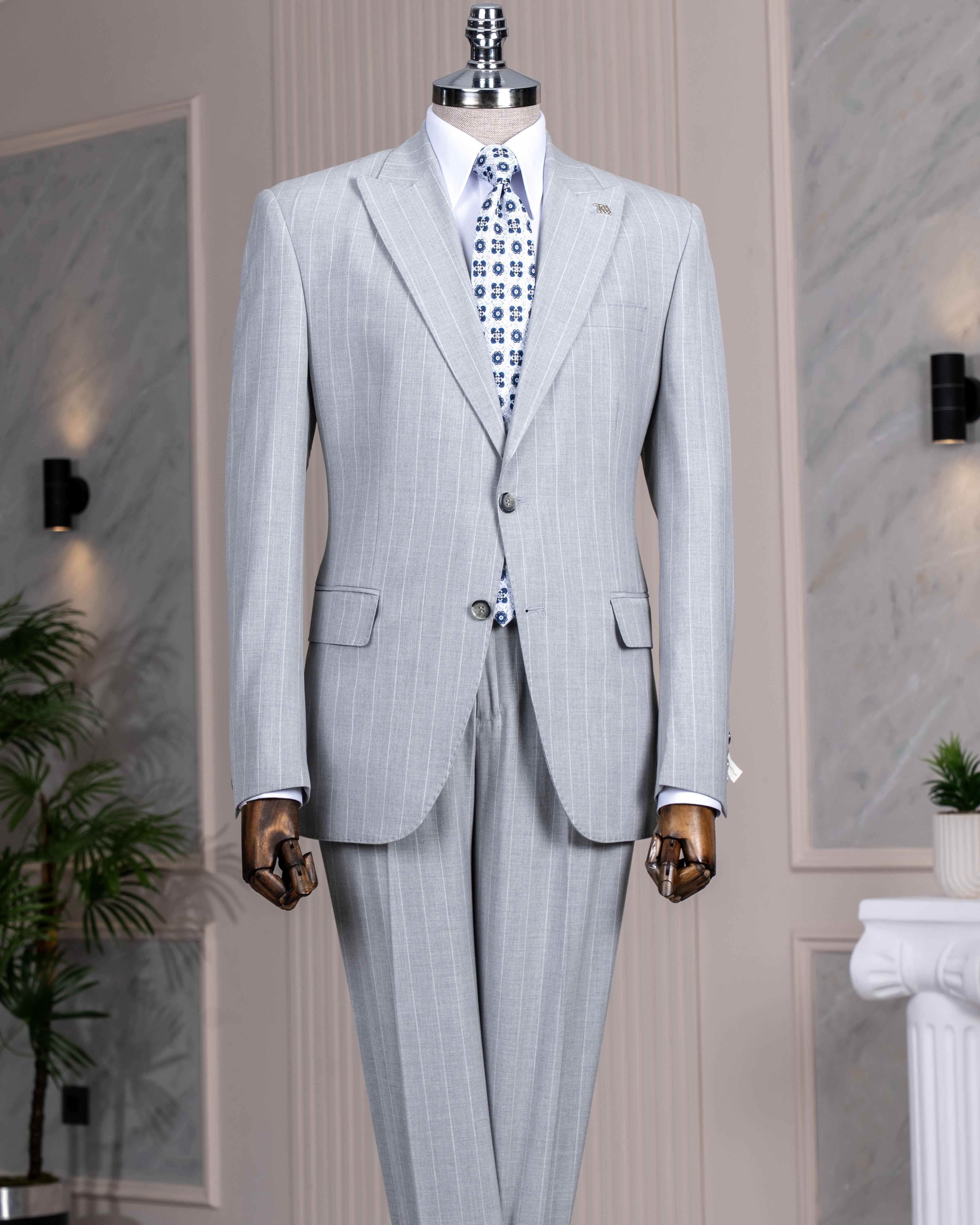 İtalyan stil slim fit sivri yaka ceket pantolon takım elbise gri T14256