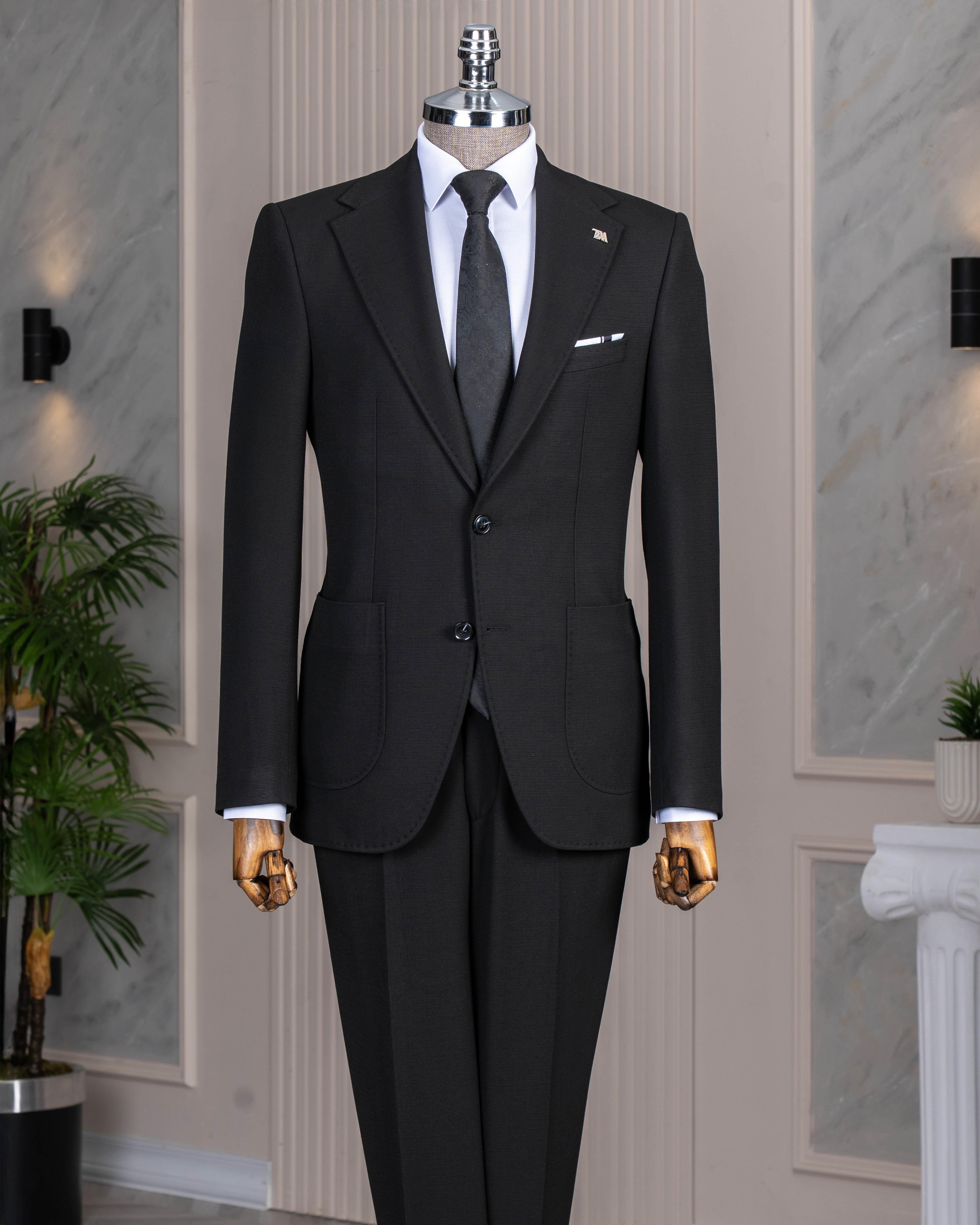 İtalyan stil slim fit sivri yaka ceket yelek pantolon takım elbise siyah T14742