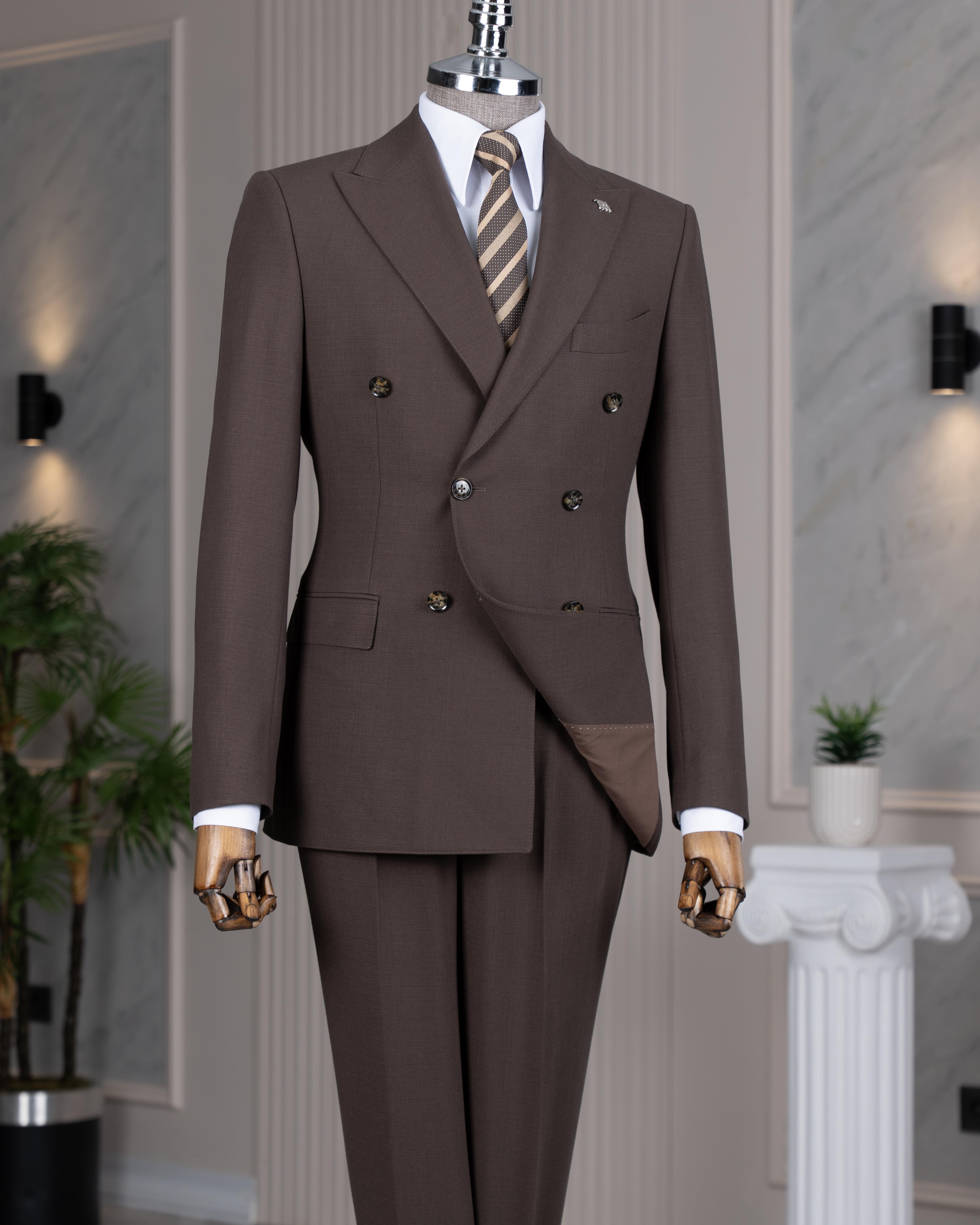 İtalyan stil slim fit sivri yaka ceket yelek pantolon takım elbise kahverengi T14738