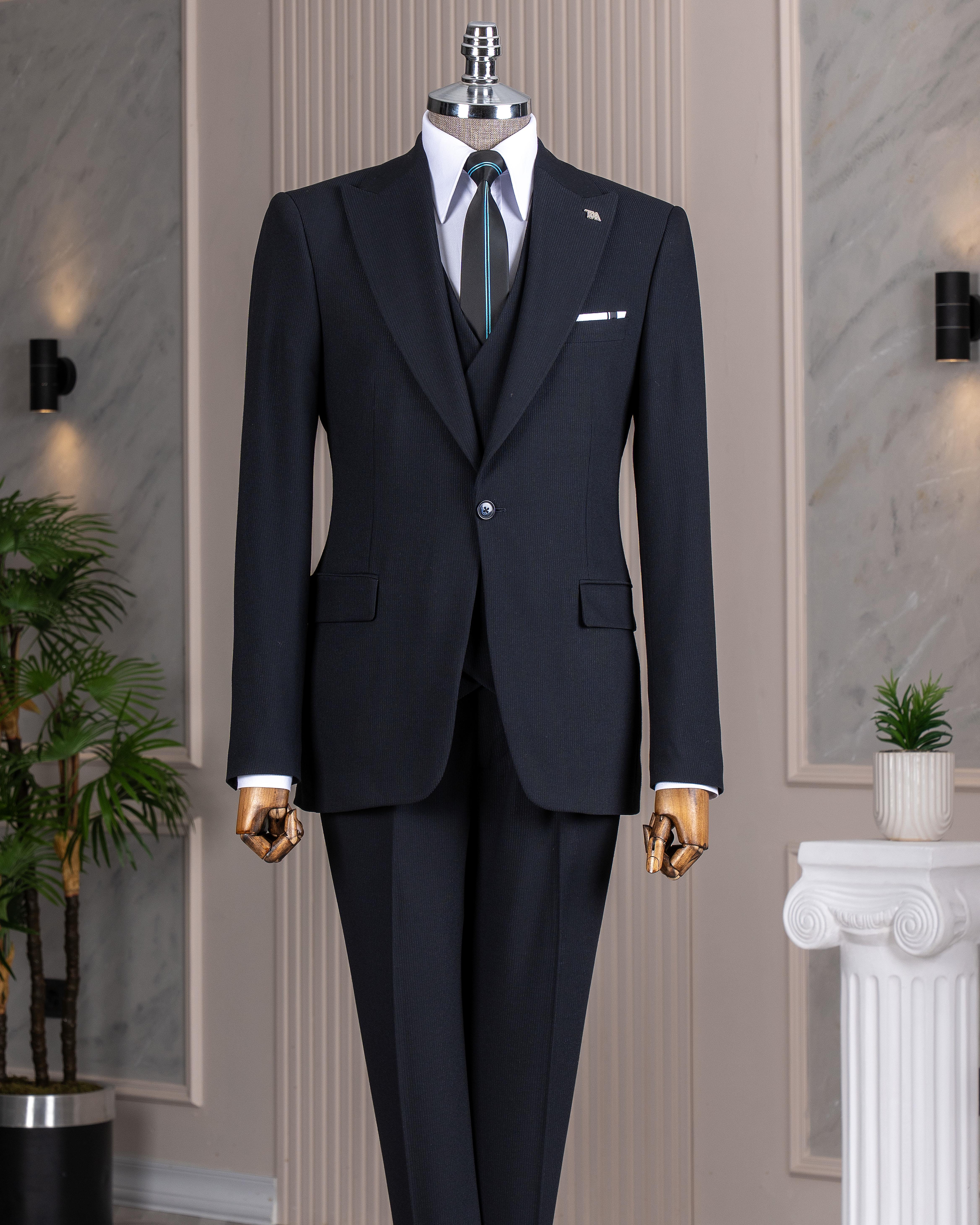 İtalyan stil slim fit sivri yaka ceket yelek pantolon takım elbise lacivert T14785