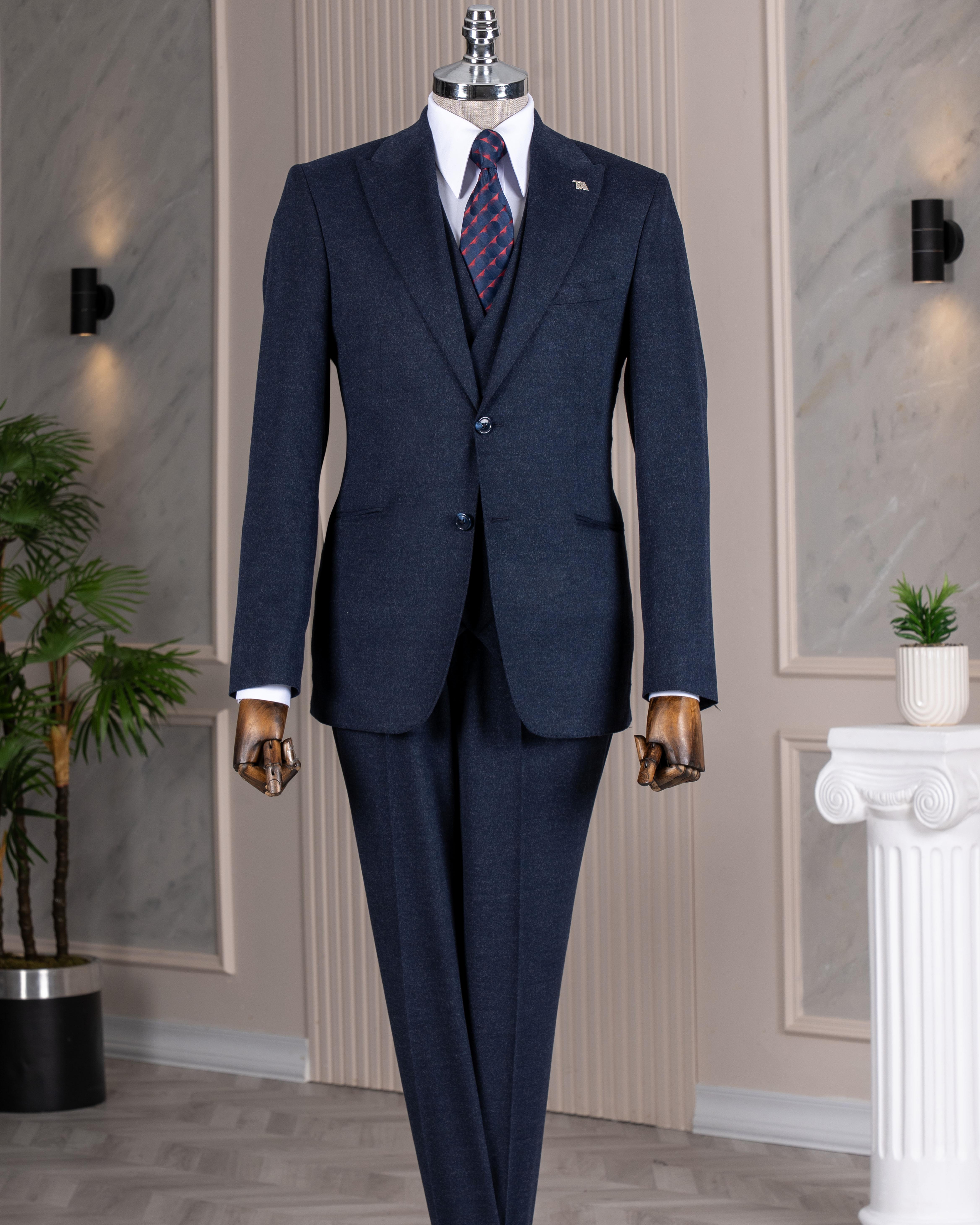 İtalyan stil slim fit sivri yaka ceket yelek pantolon takım elbise lacivert T14678