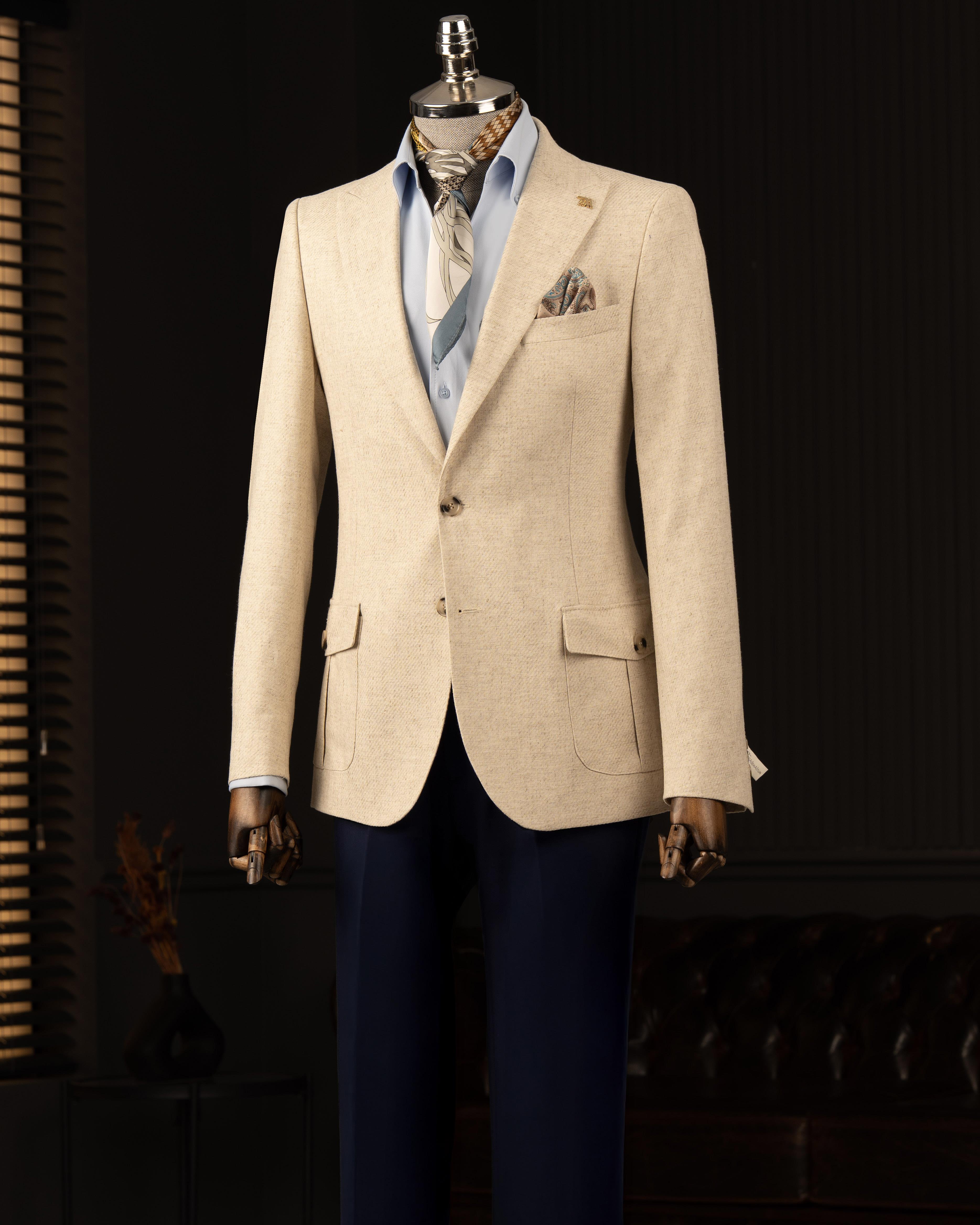 İtalyan stil slim fit sivri yaka erkek tek ceket bej T13932