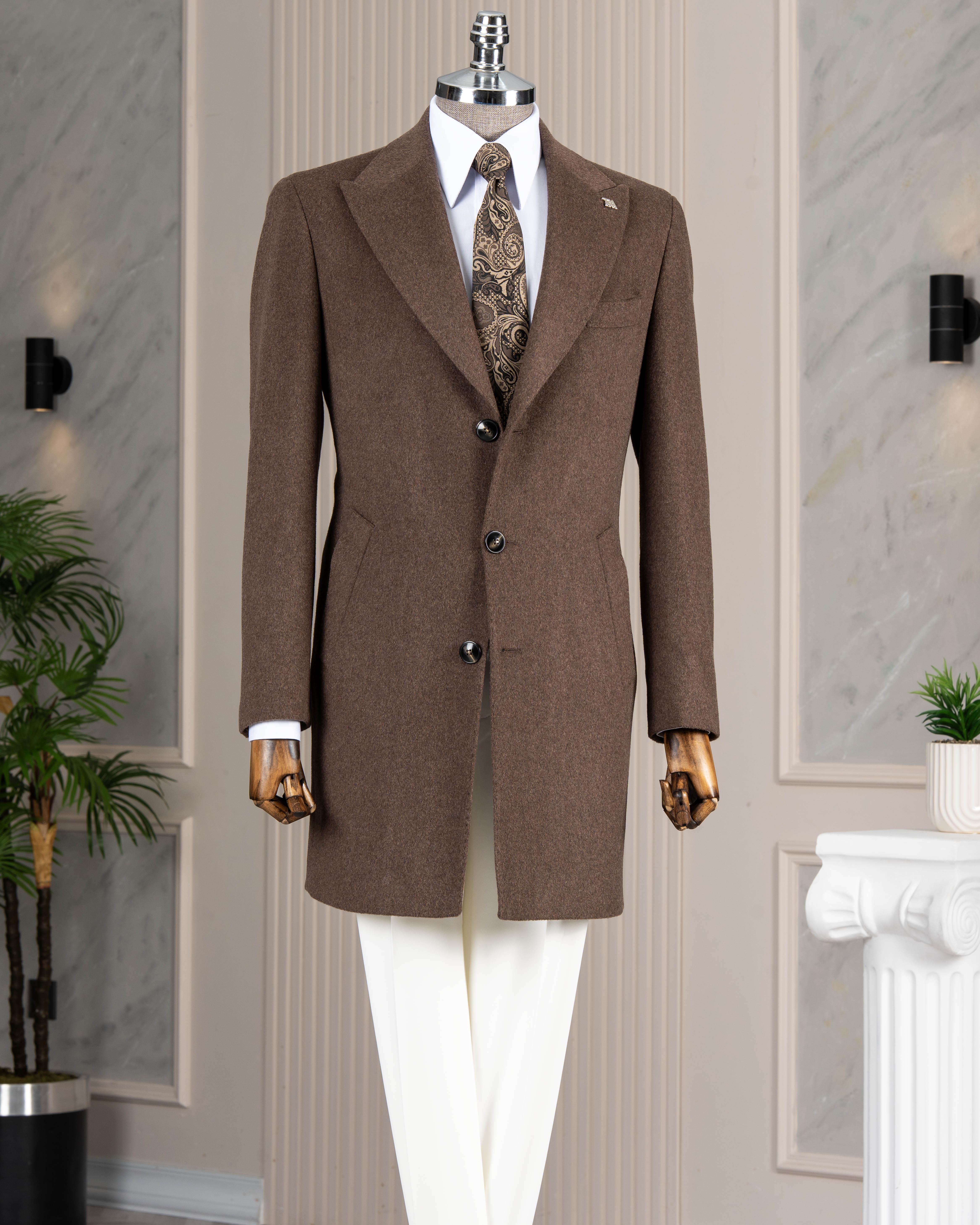 İtalyan stil slim fit sivri yaka yün karışımlı kaşe erkek kaban kahverengi T14720