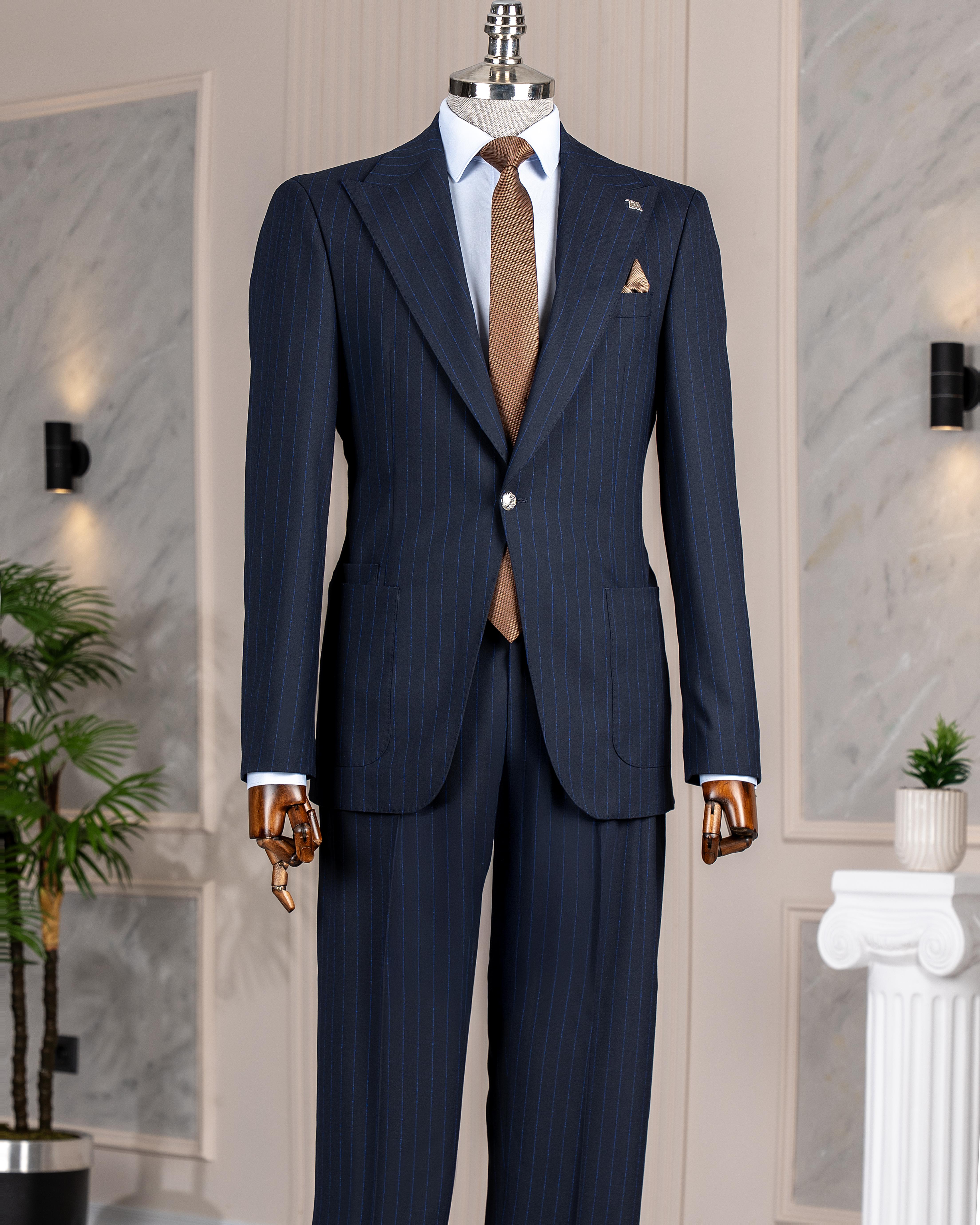 İtalyan stil slim fit torba cep ceket pantolon takım elbise lacivert T14299