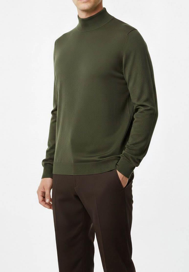 İtalyan stil slim fit yarım balıkçı yaka erkek triko kazak haki T15089