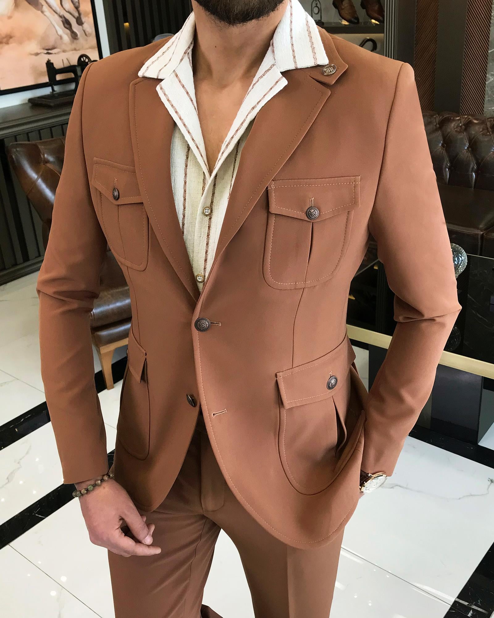 italyan stil slim fit yün karışımlı likralı safari ceket pantolon takım elbise camel T9581