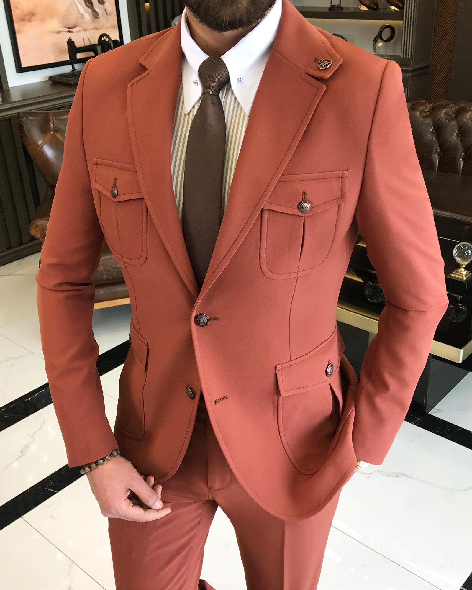 italyan stil slim fit yün karışımlı likralı safari ceket pantolon takım elbise kiremit T9577
