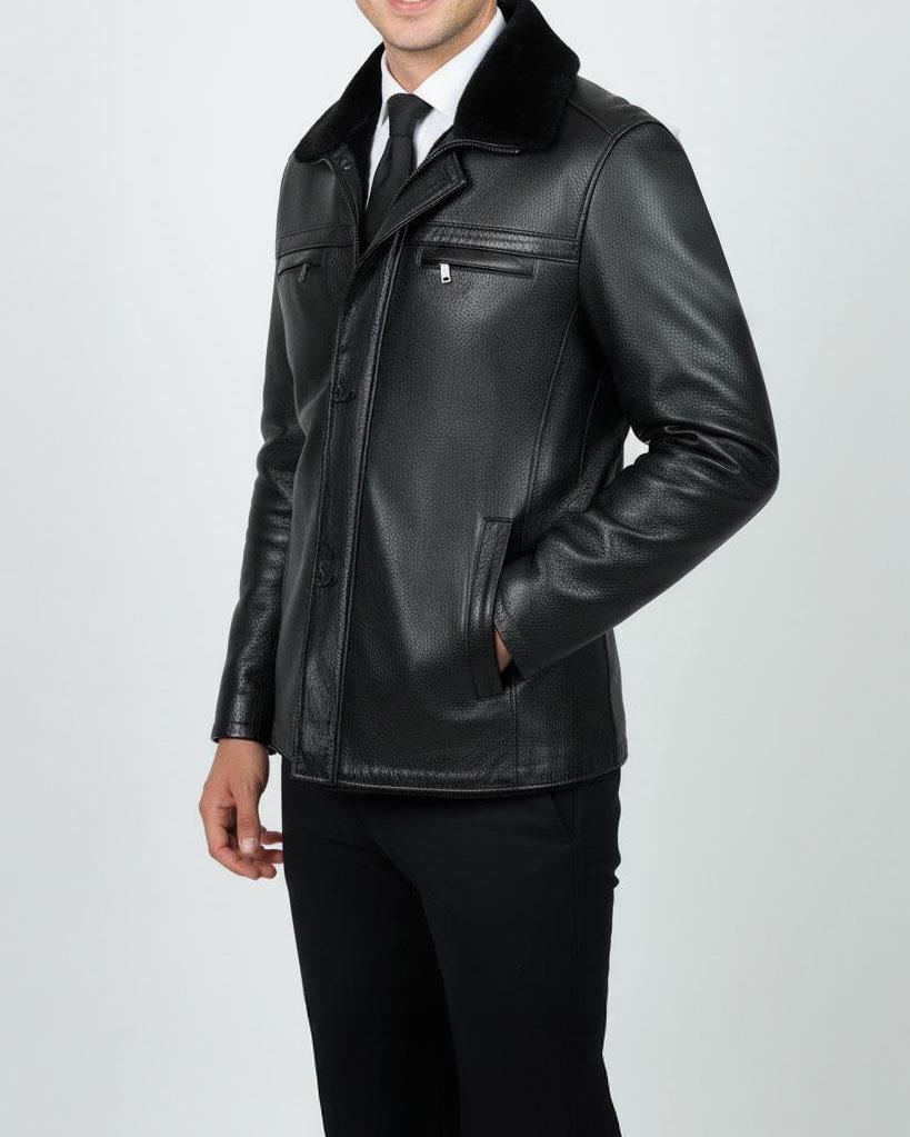 Itayan stil içi kürklü gömlek yaka orijinal deri mont ceket siyah T10496