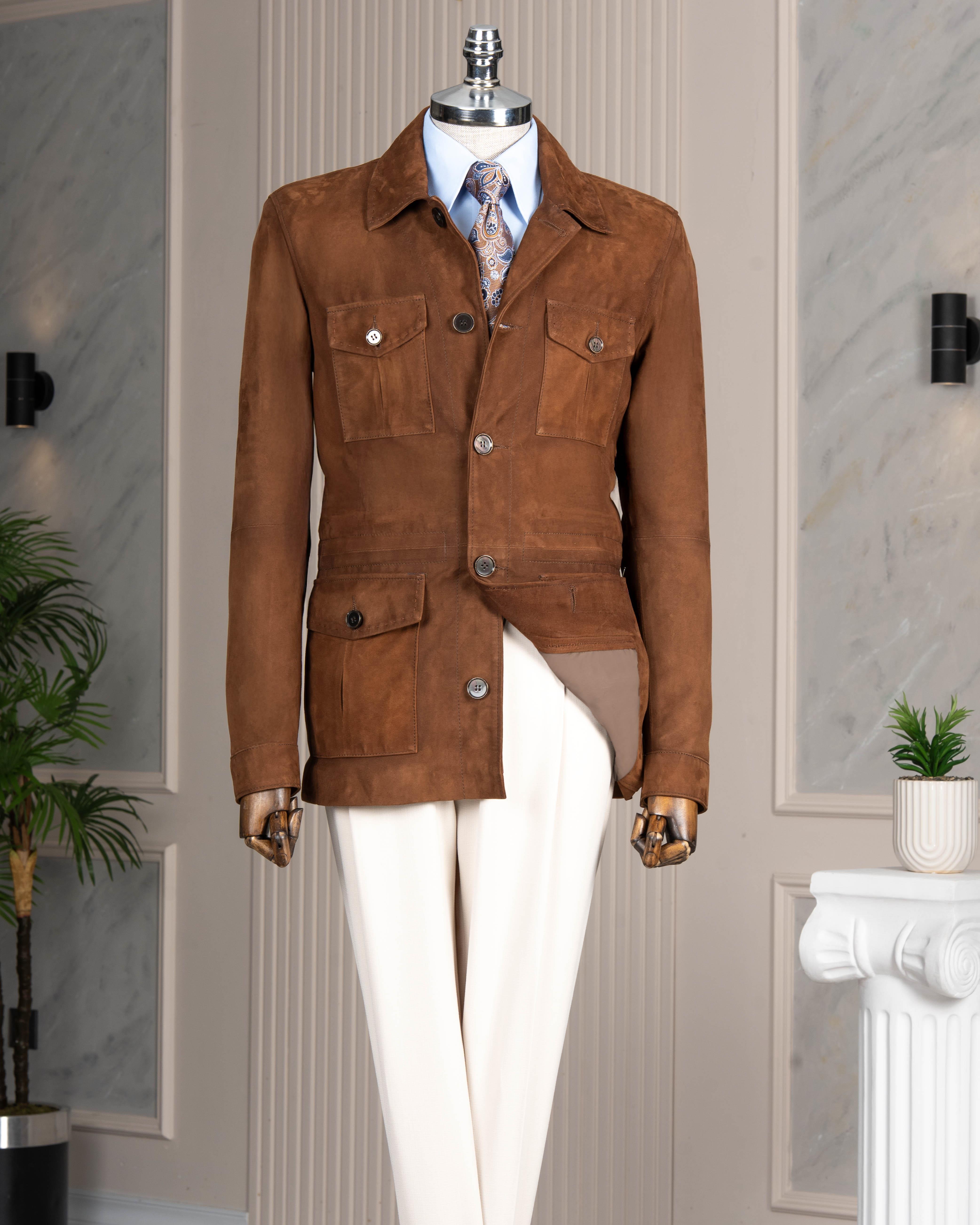Itayan stil slim fit düğmeli orijinal süet deri mont taba T11819