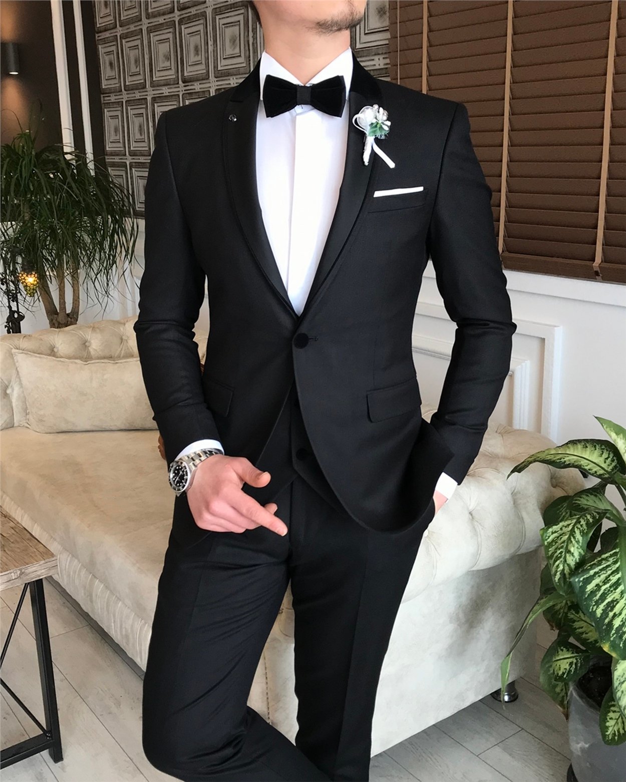 Klasik kesim ceket yelek pantolon battal damatlık set Siyah T7573