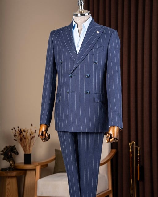 Slim fit erkek kruvaze sivri yaka keten çizgili ceket pantolon takım elbise lacivert T20100-02