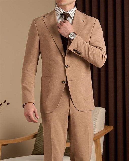 Slim fit erkek mono yaka torba cep keten karışım ceket pantalon takım elbise camel T20113-11