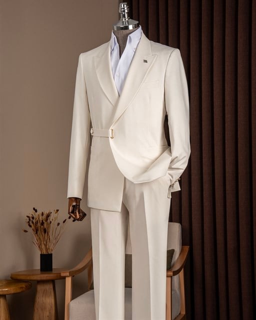 Slim fit erkek sivri yaka bel detaylı takım elbise beyaz T20147-07